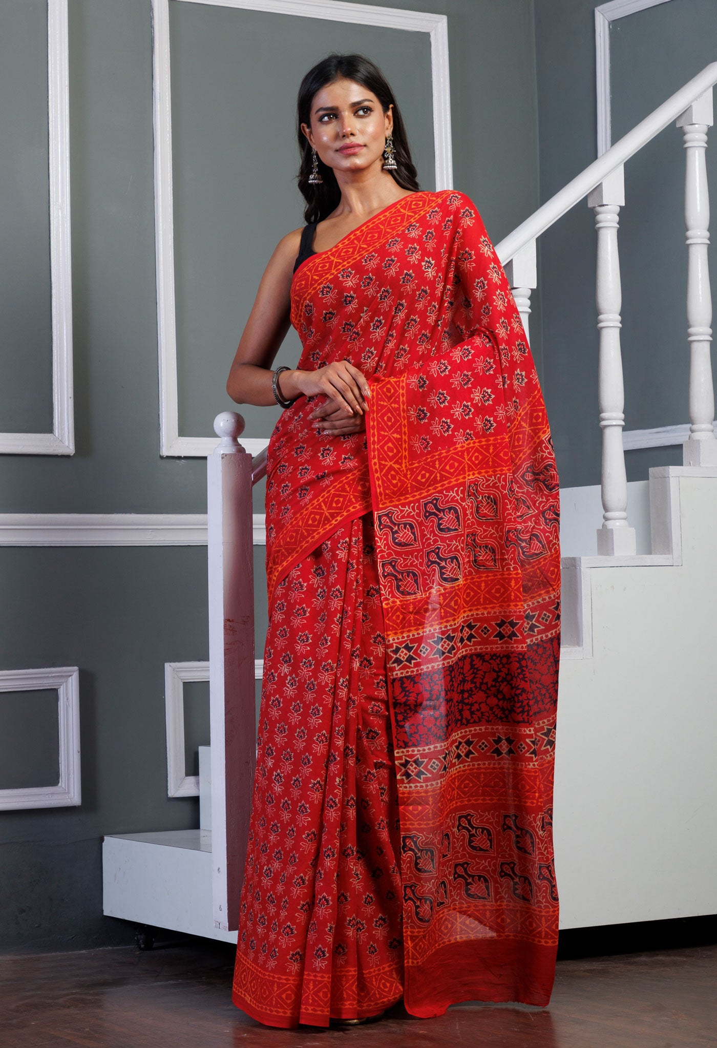 Red Pure  Ajrakh Pinted Superfine Mulmul Cotton Saree