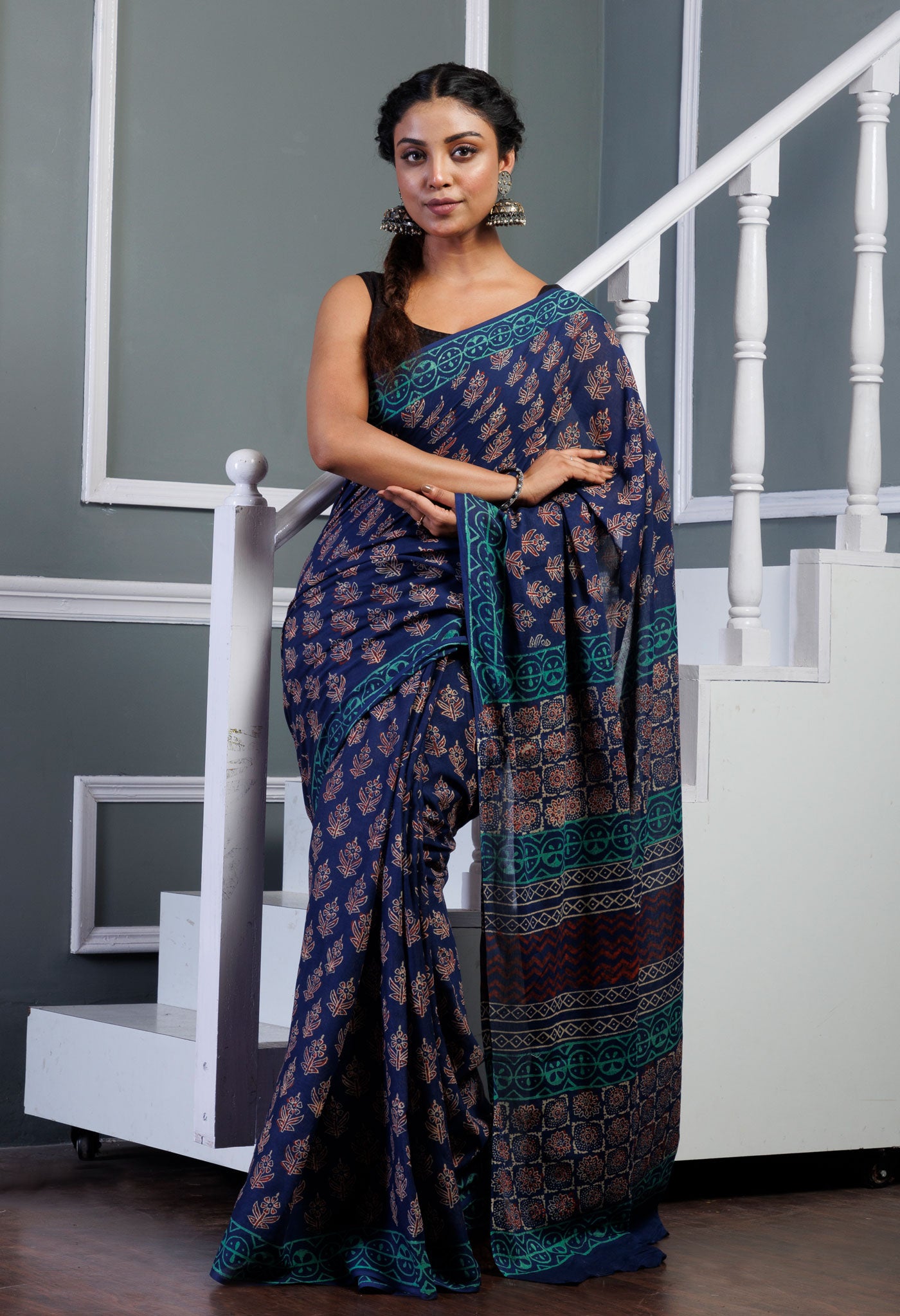 Navy Blue Pure  Ajrakh Pinted Superfine Mulmul Cotton Saree