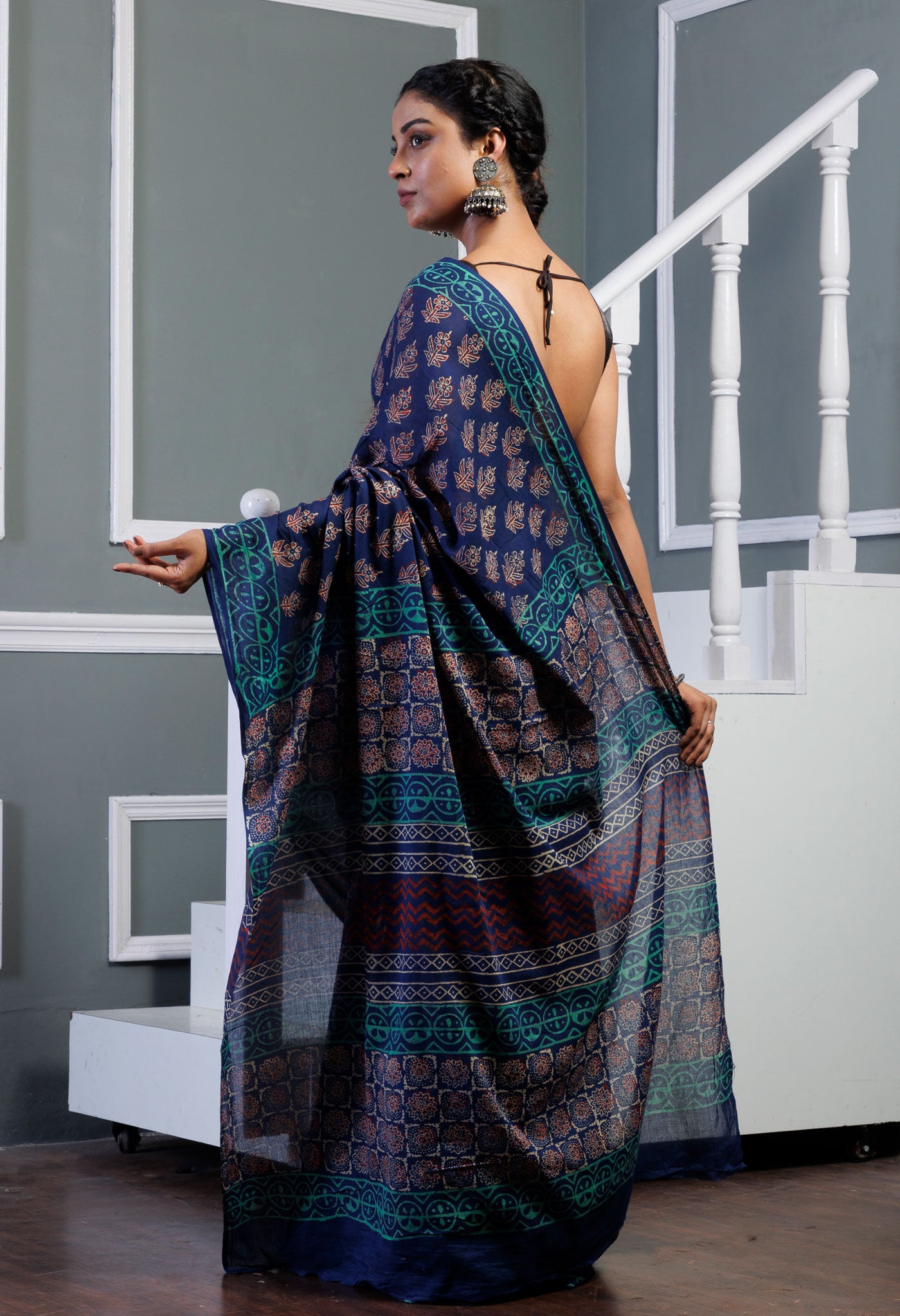 Navy Blue Pure  Ajrakh Pinted Superfine Mulmul Cotton Saree