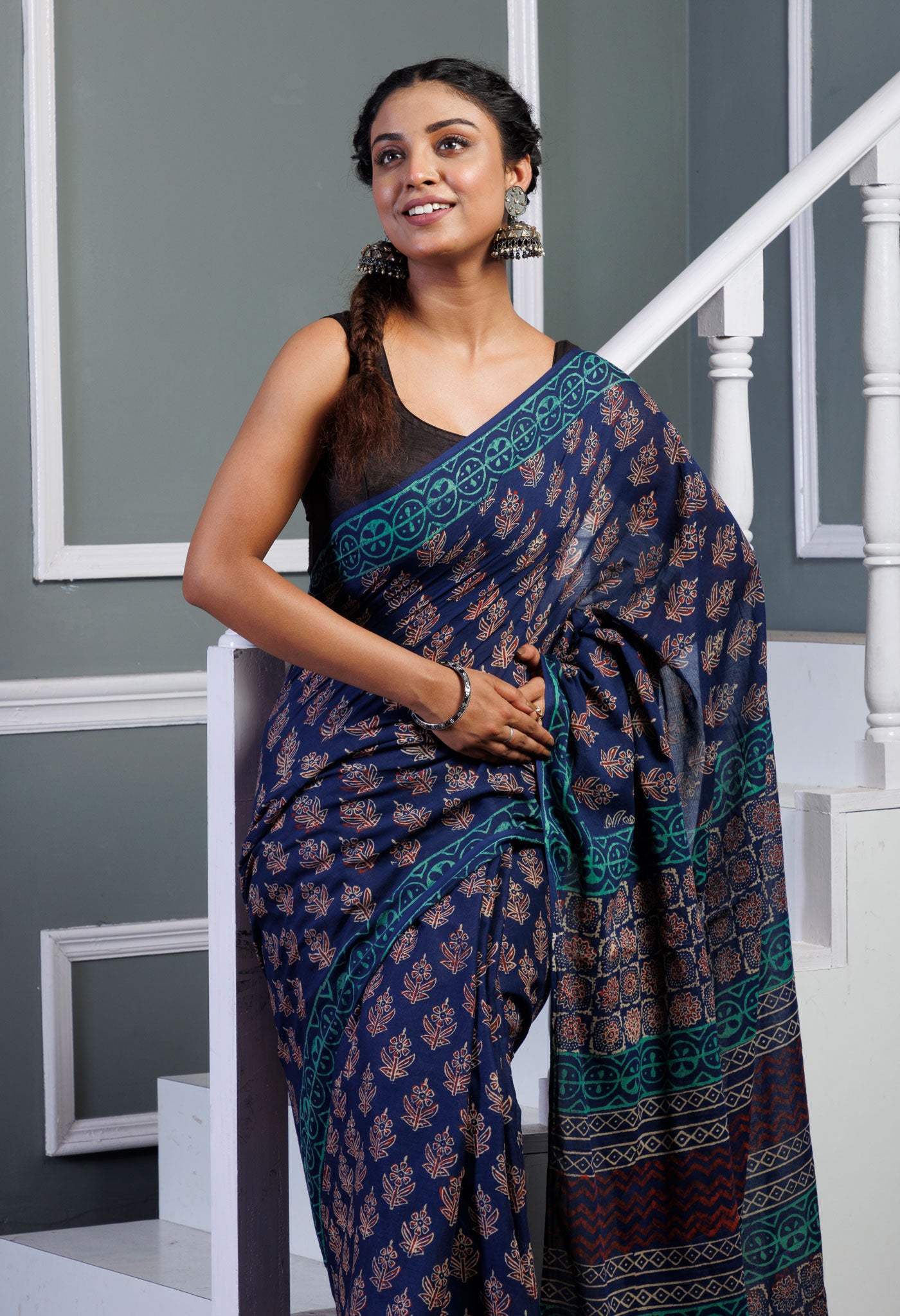 Navy Blue Pure  Ajrakh Pinted Superfine Mulmul Cotton Saree