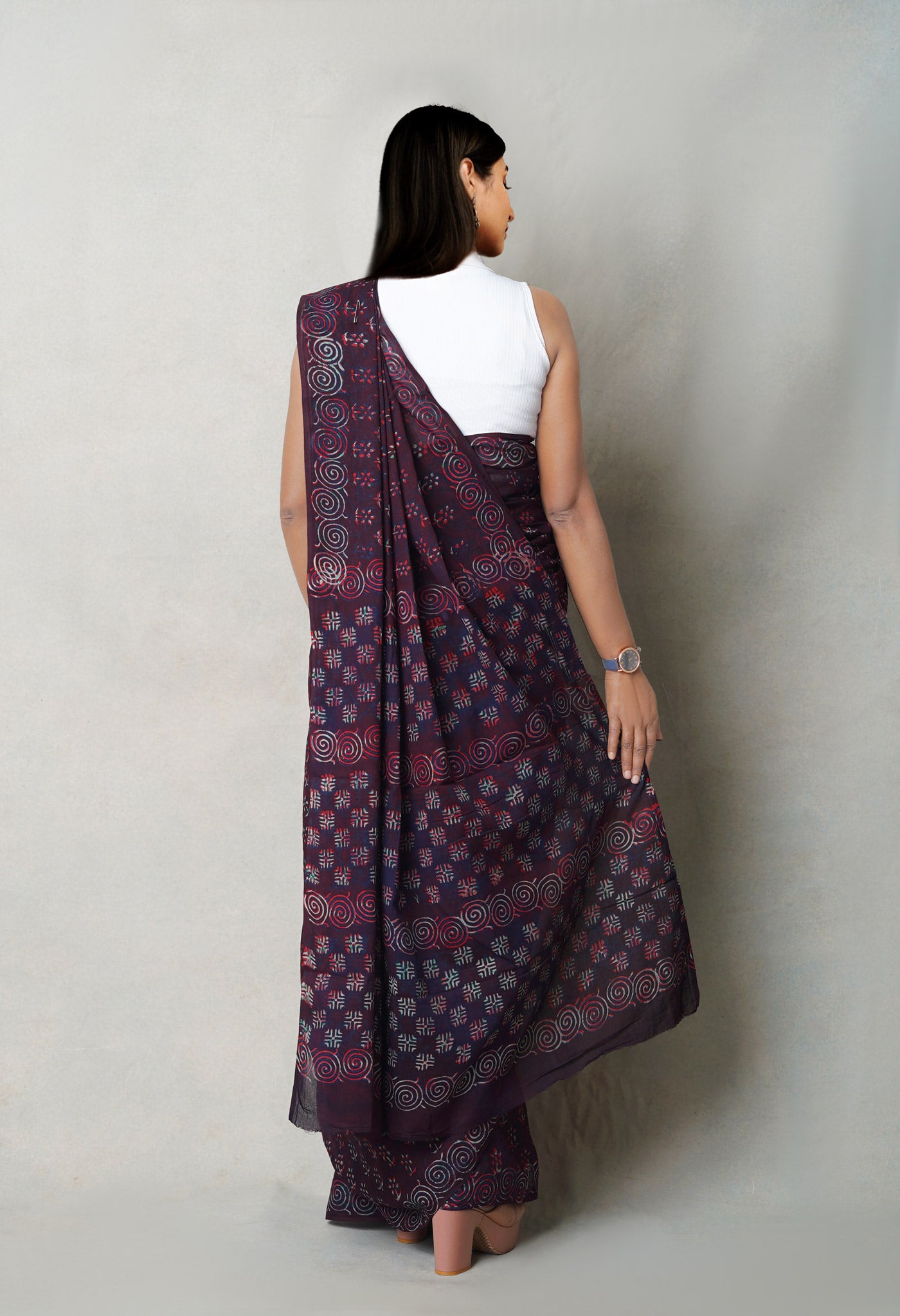 Dark Purple Pure  Napthol Hand Block Pinted Superfine Mulmul Cotton Saree