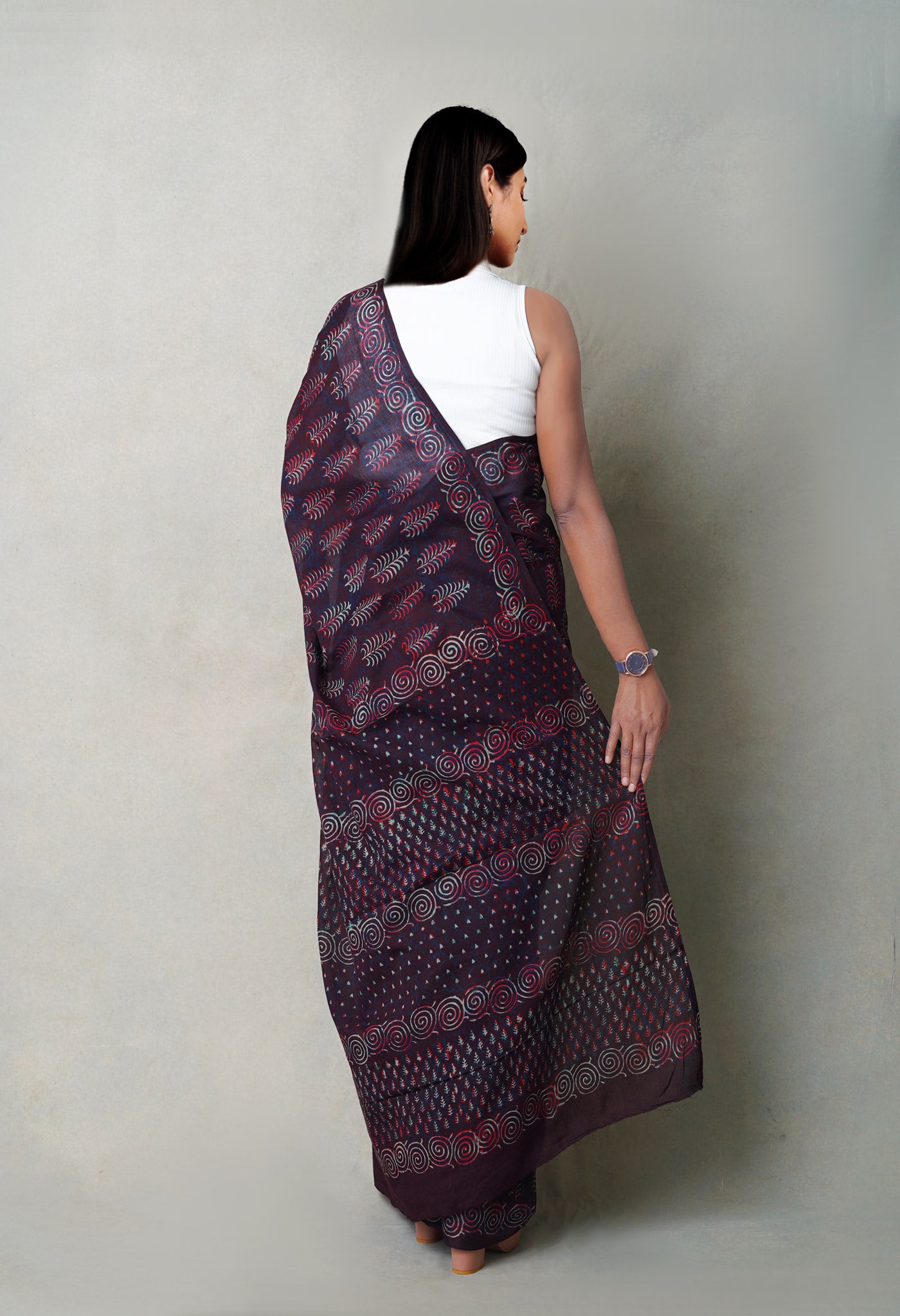 Dark Purple Pure Napthol Hand Block Pinted Superfine Mulmul Cotton Saree
