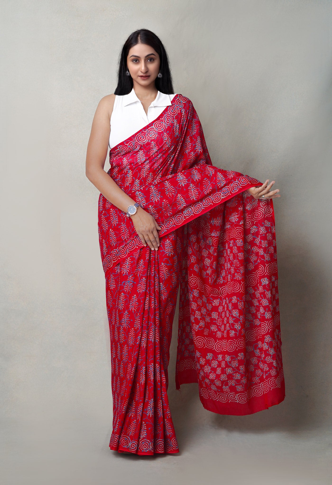 Red Pure  Napthol Hand Block Pinted Superfine Mulmul Cotton Saree