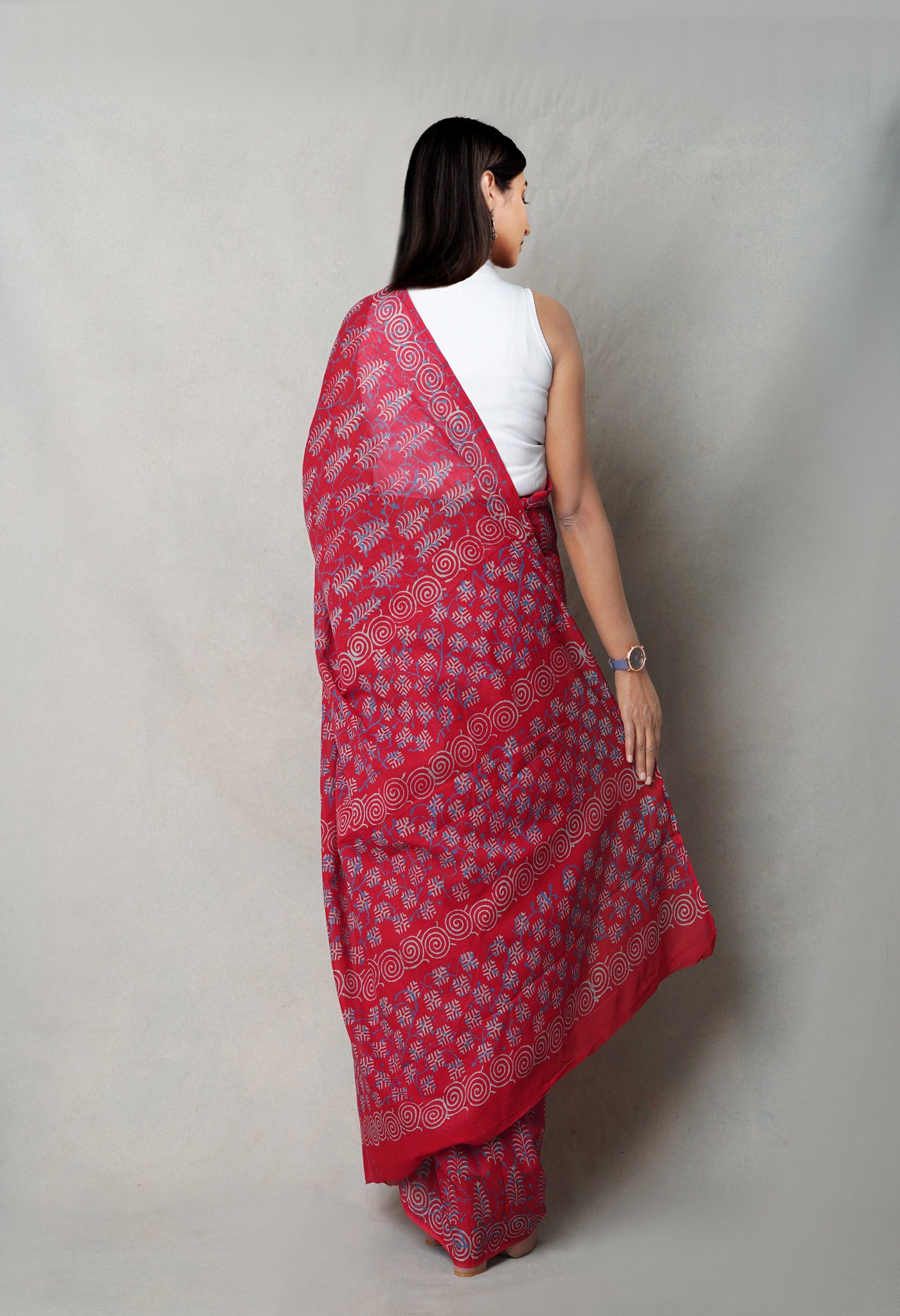 Red Pure  Napthol Hand Block Pinted Superfine Mulmul Cotton Saree