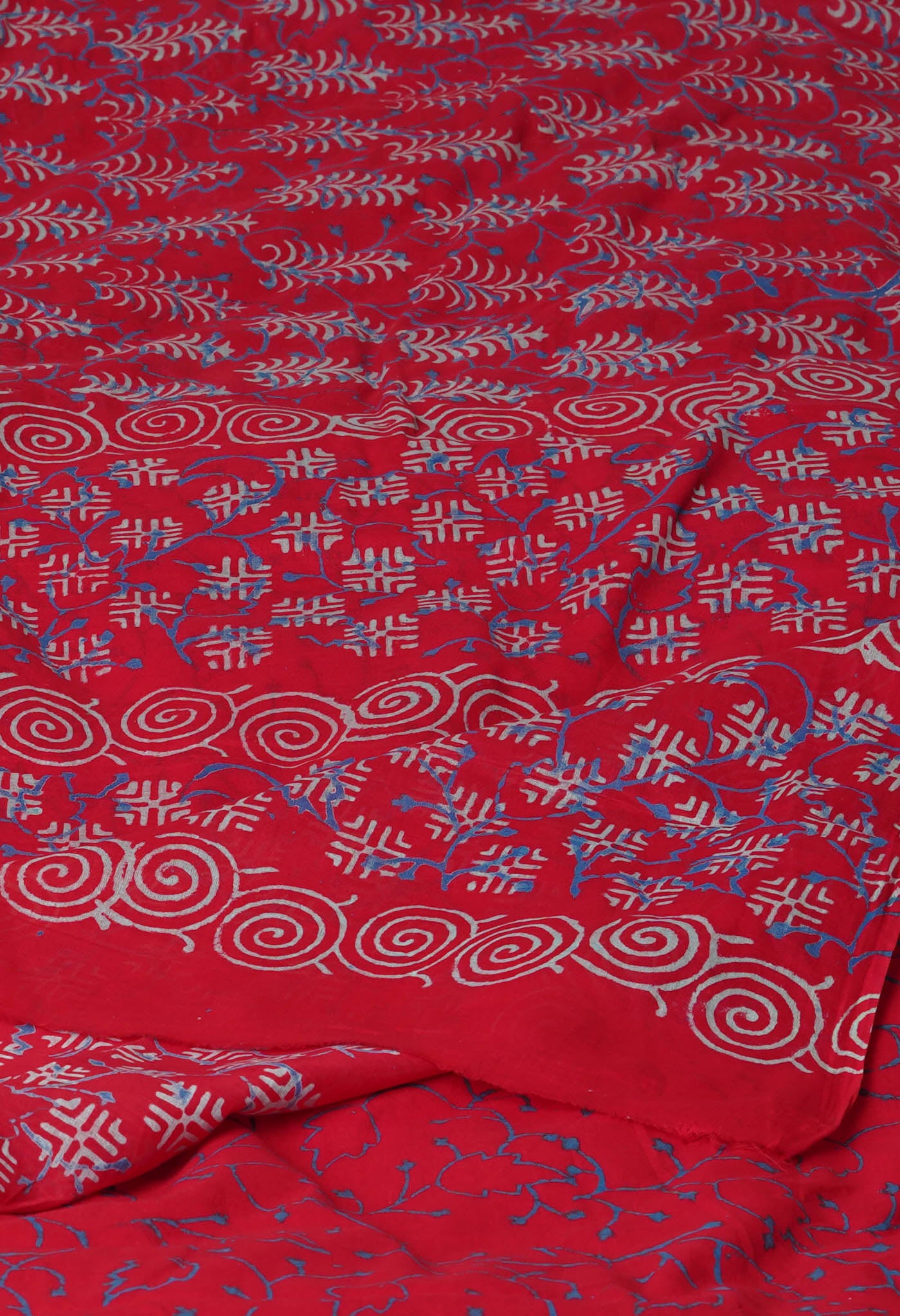 Red Pure  Napthol Hand Block Pinted Superfine Mulmul Cotton Saree