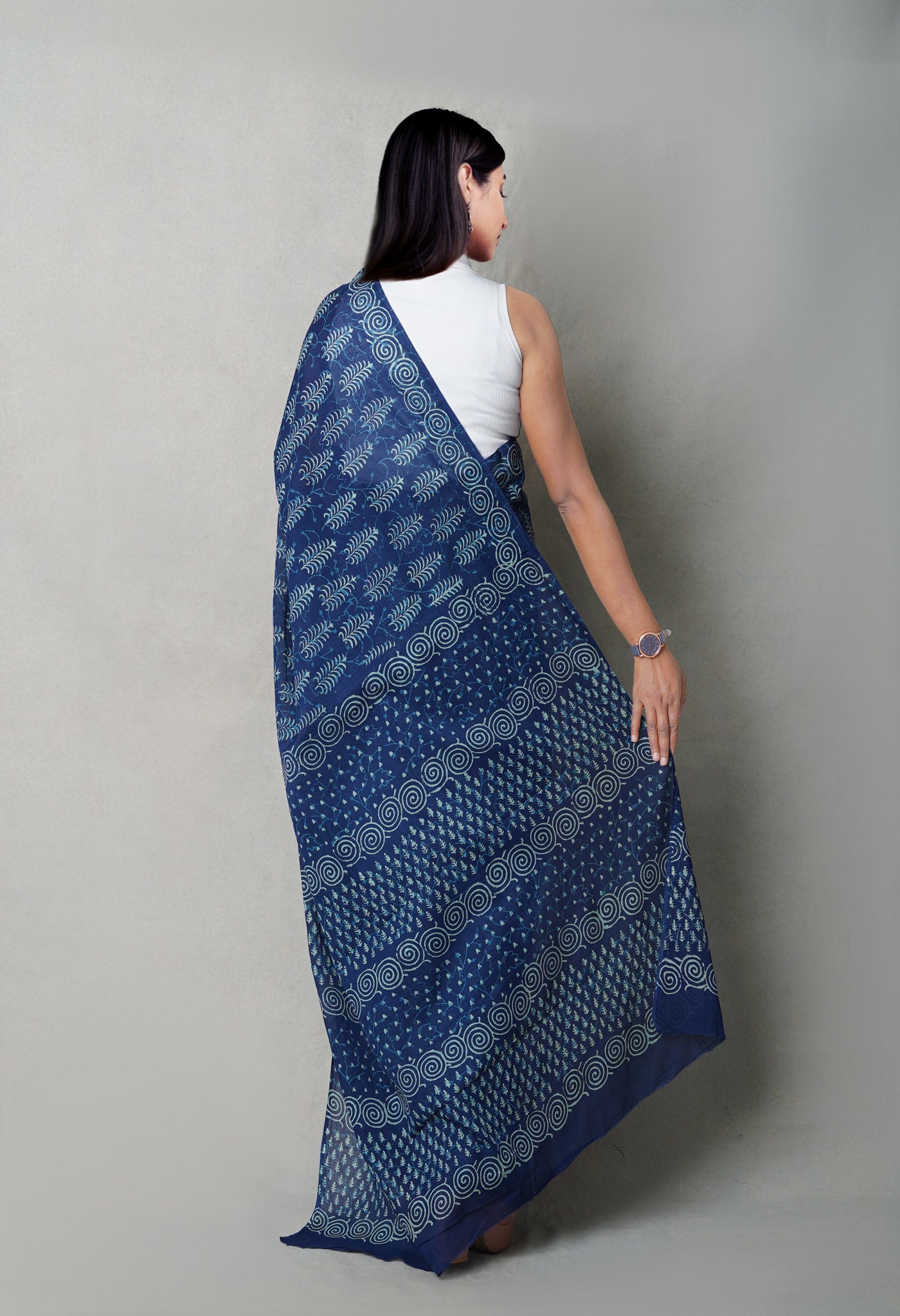 Navy Blue Pure Napthol Hand Block Pinted Superfine Mulmul Cotton Saree