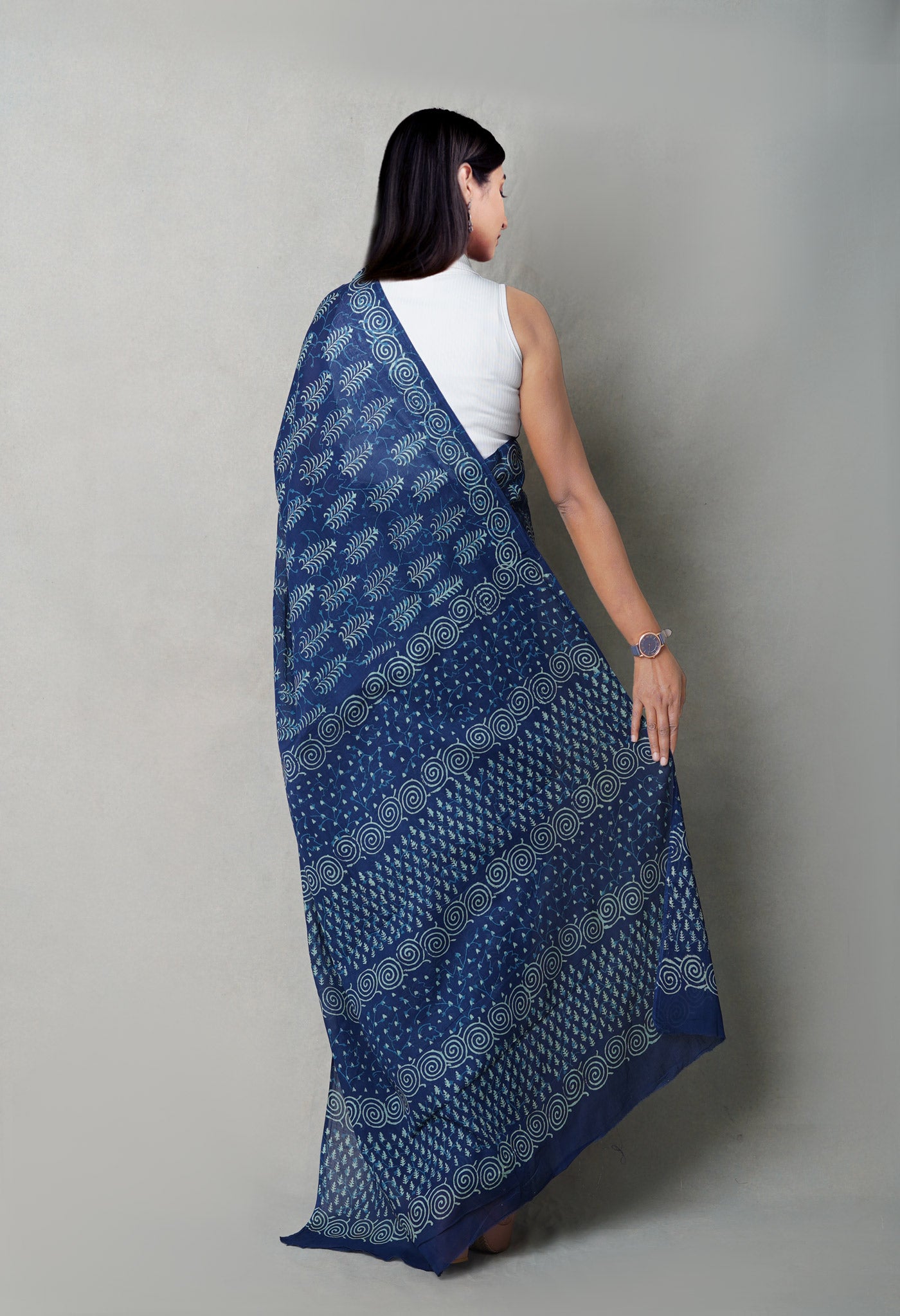 Navy Blue Pure  Napthol Hand Block Pinted Superfine Mulmul Cotton Saree