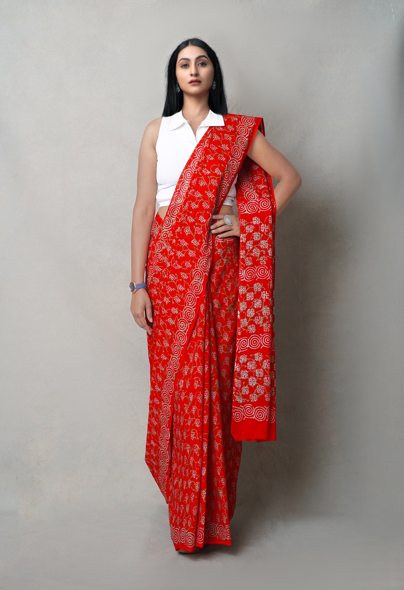 Red Pure  Napthol Hand Block Pinted Superfine Mulmul Cotton Saree