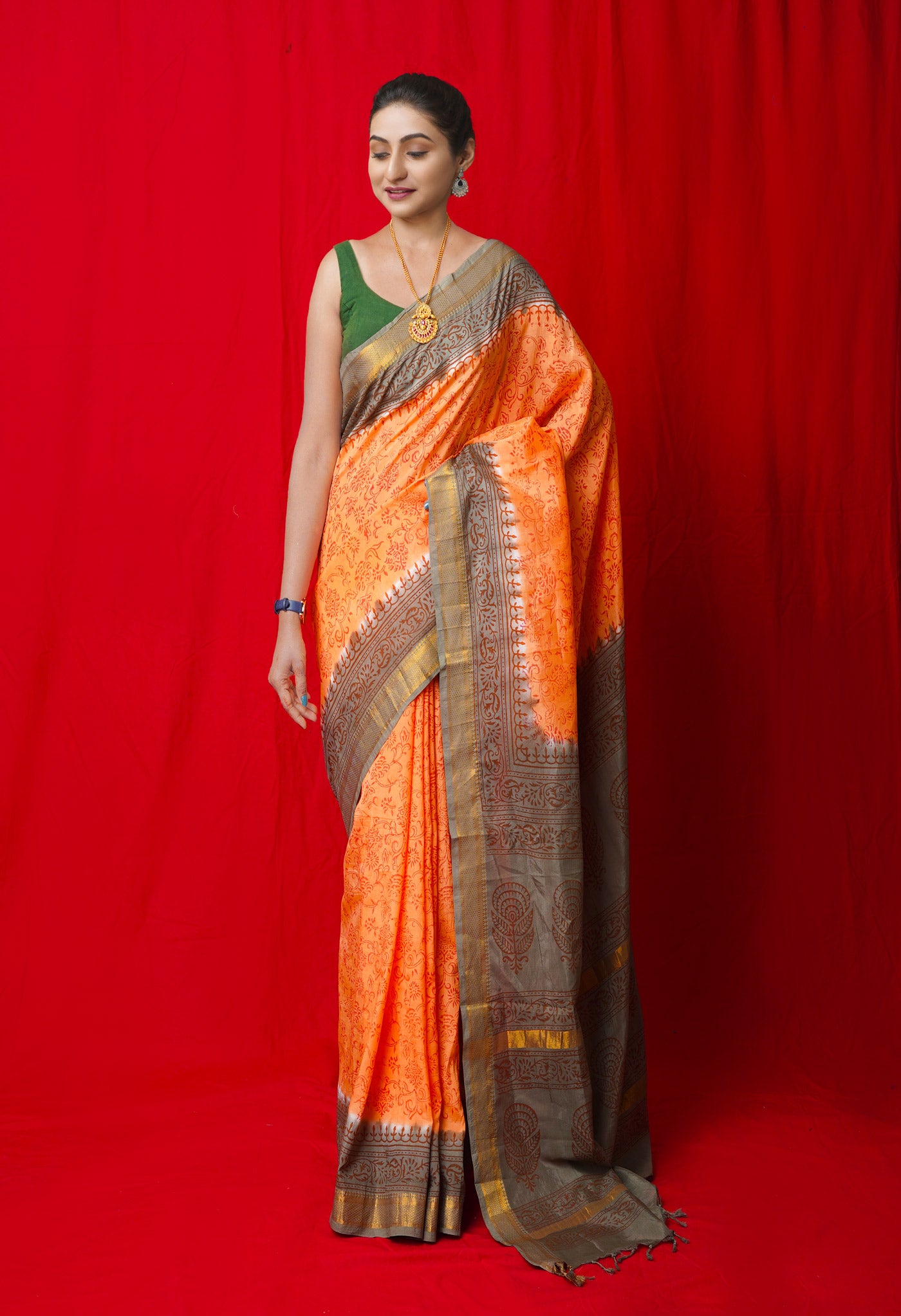 Orange Hand Block Printed Mangalgiri Soft Silk Saree
