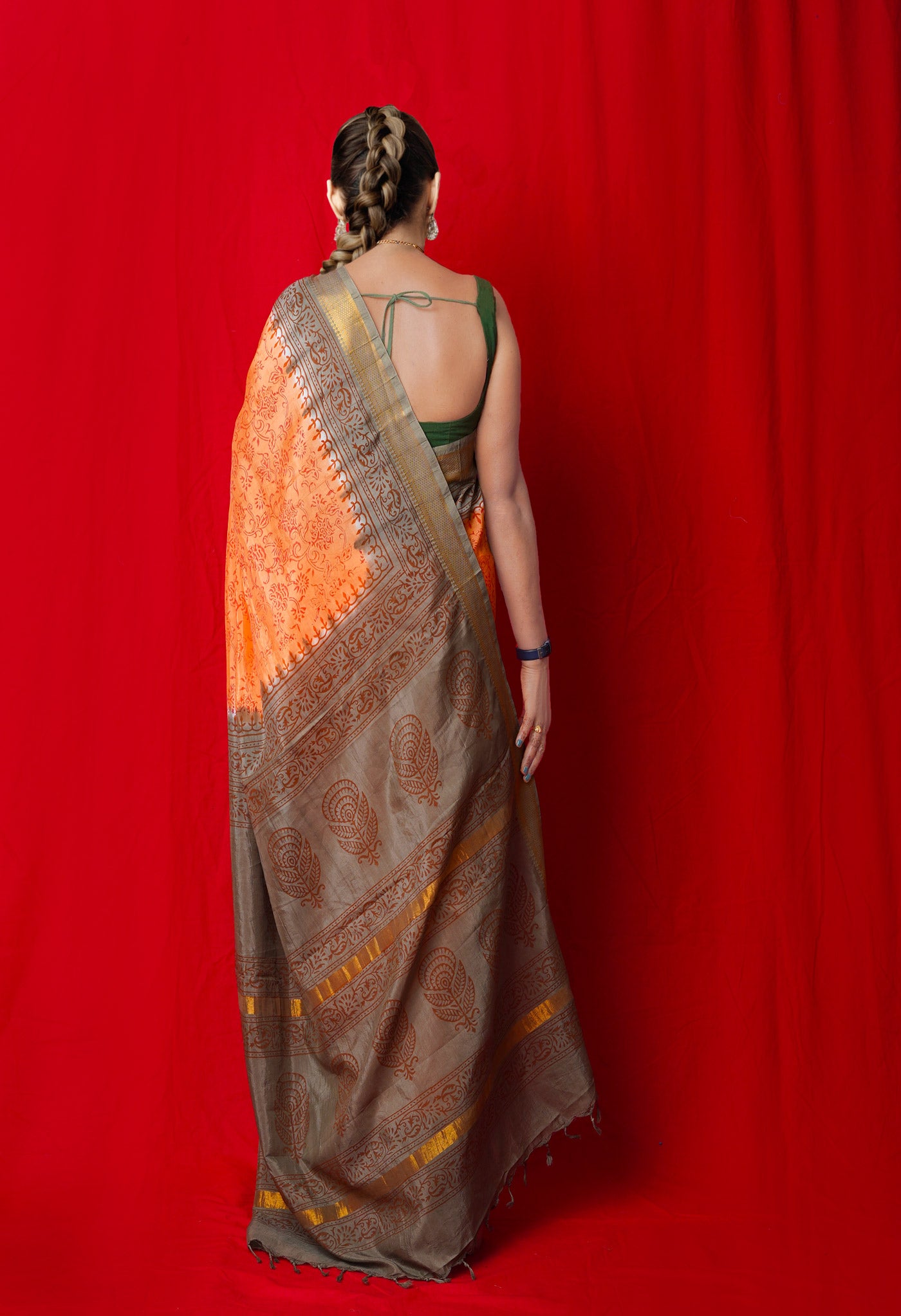 Orange Hand Block Printed Mangalgiri Soft Silk Saree