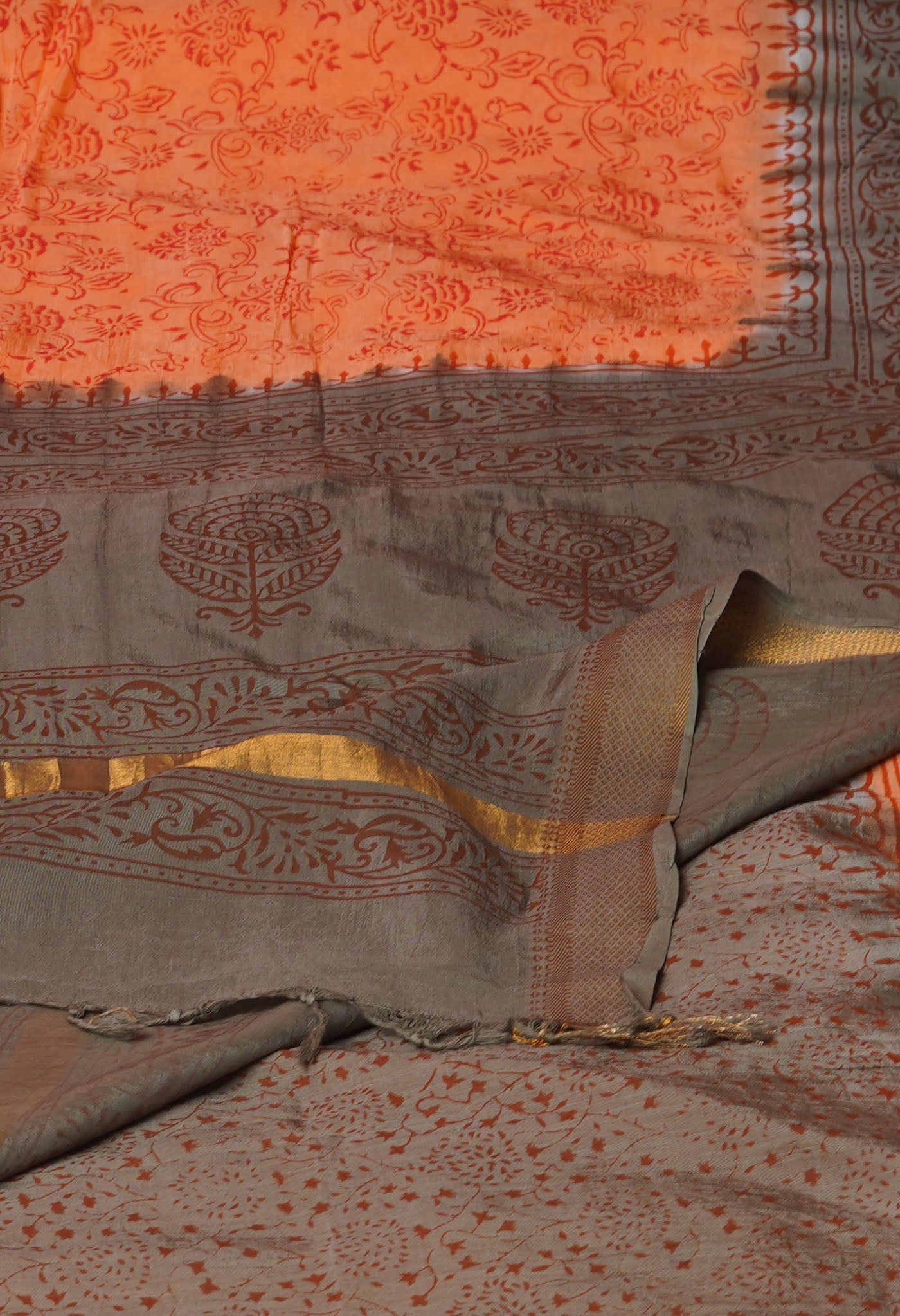 Orange Hand Block Printed Mangalgiri Soft Silk Saree