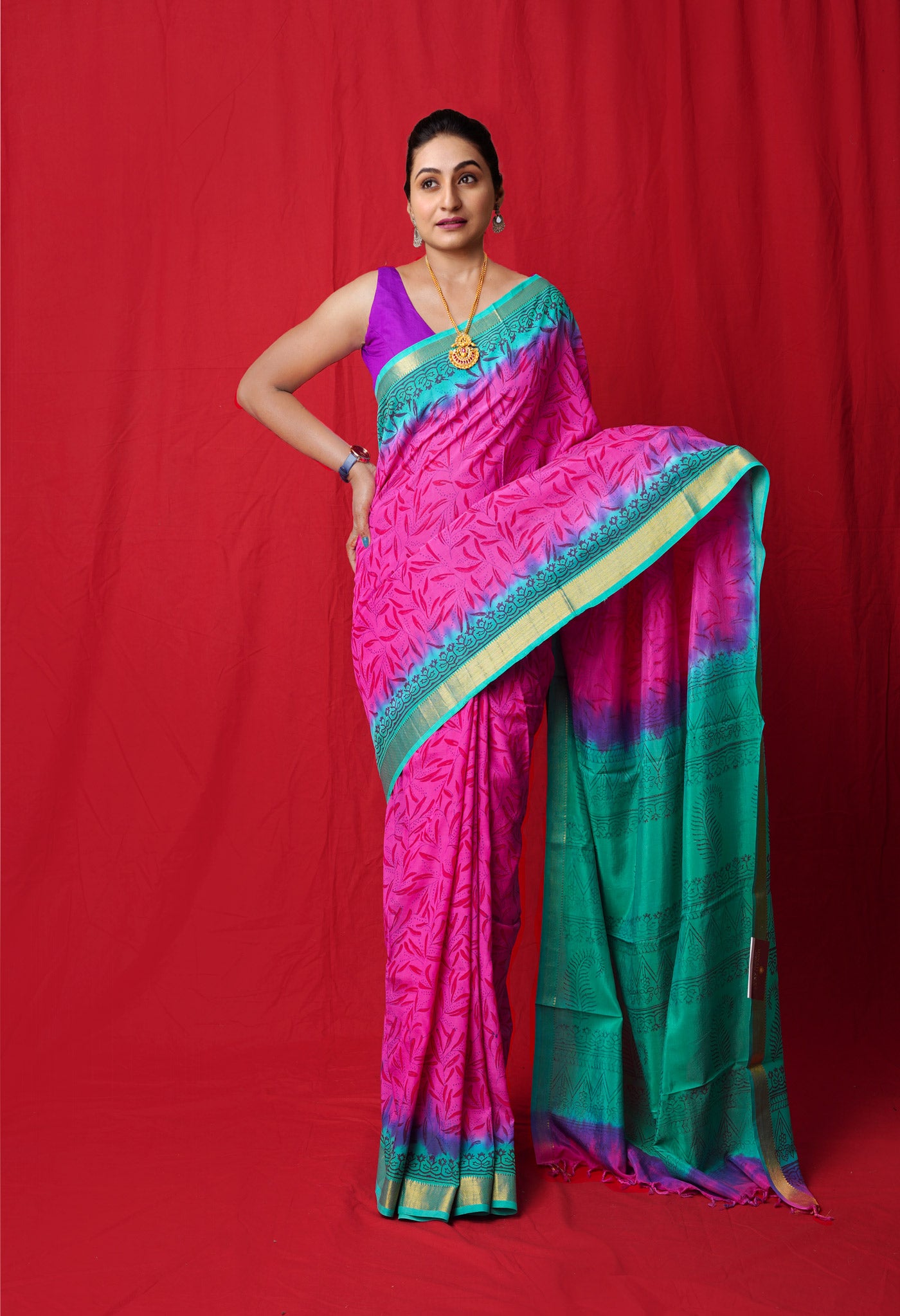 Pink  Hand Block Printed Mangalgiri Soft Silk Saree