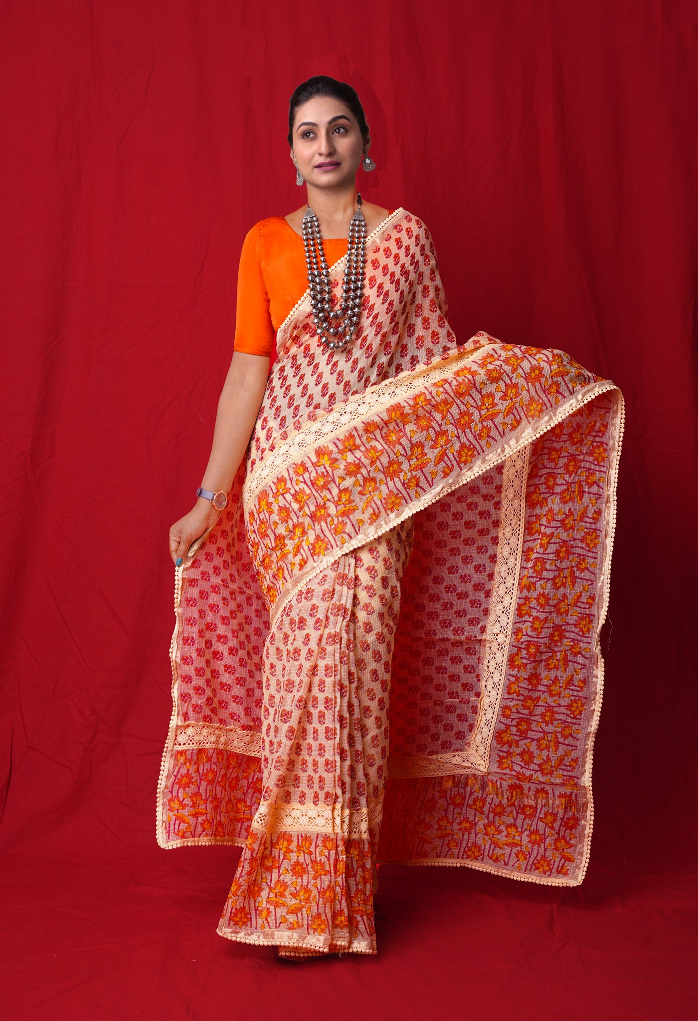 Cream Pure Block Printed With Chrochio Lace Work Embroidery Kota Saree