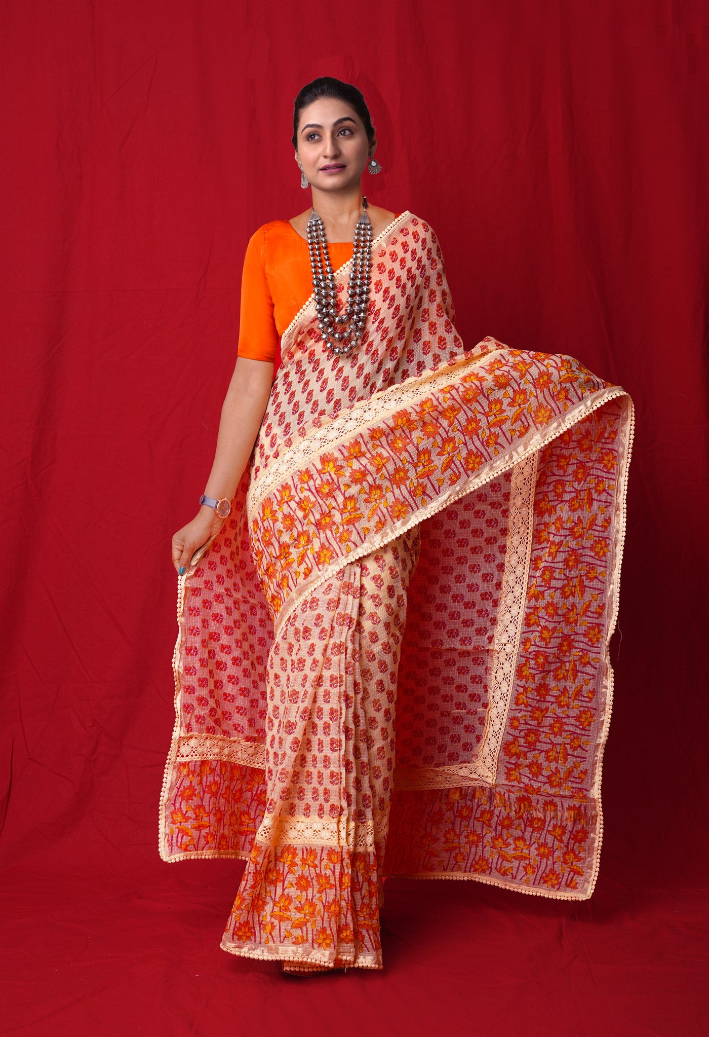 Cream Pure  Block Printed With Chrochio Lace Work Embroidery Kota Saree