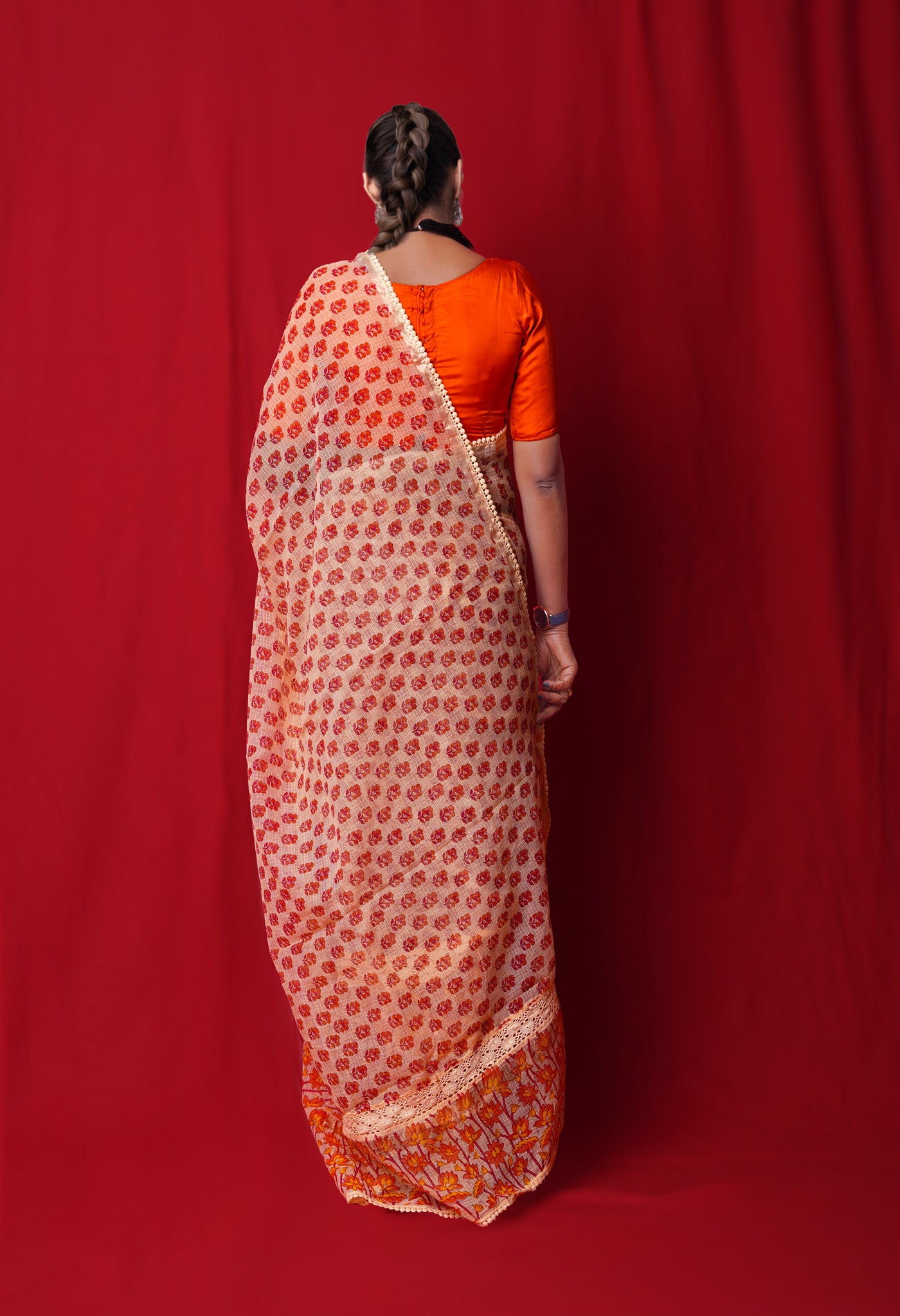 Cream Pure Block Printed With Chrochio Lace Work Embroidery Kota Saree