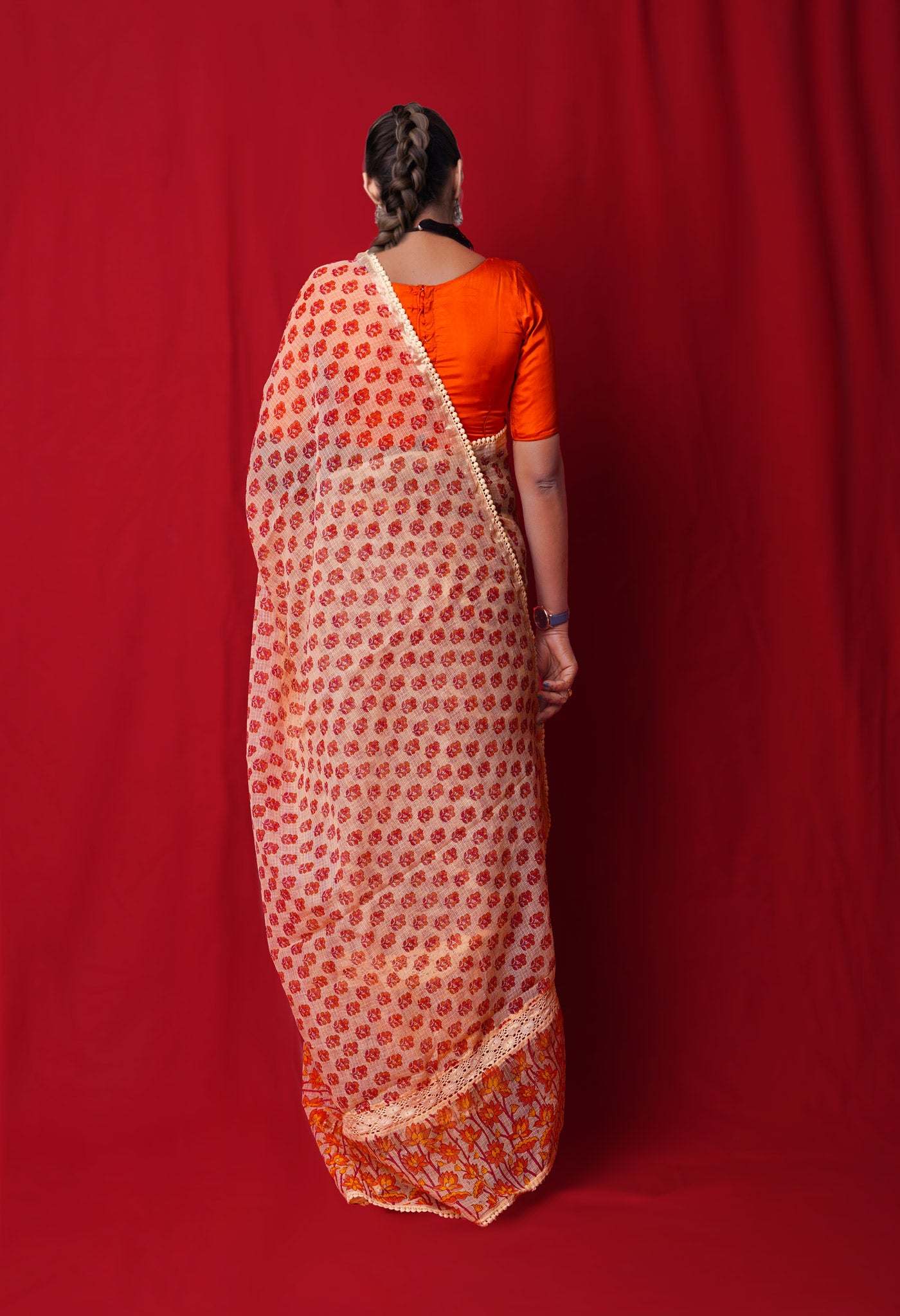 Cream Pure  Block Printed With Chrochio Lace Work Embroidery Kota Saree