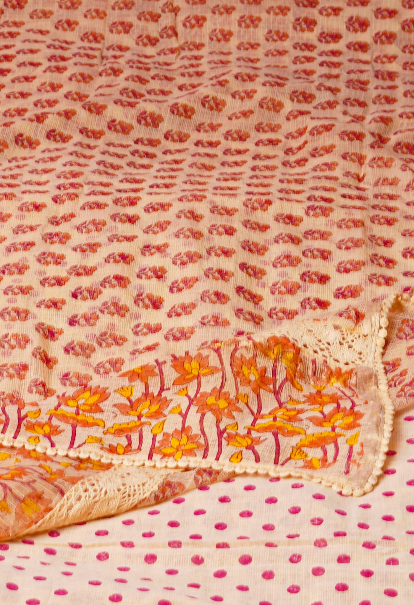 Cream Pure Block Printed With Chrochio Lace Work Embroidery Kota Saree