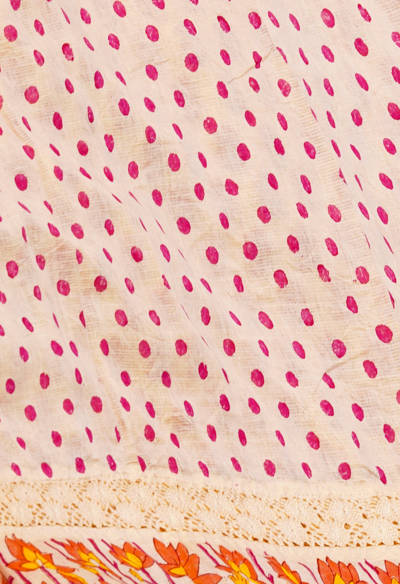 Cream Pure Block Printed With Chrochio Lace Work Embroidery Kota Saree