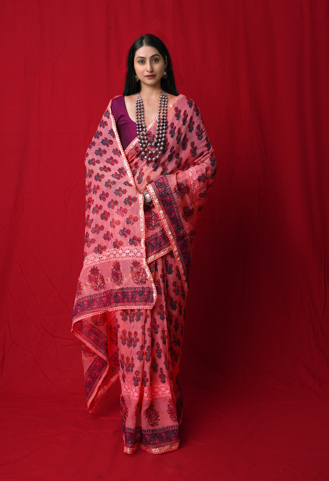 Orange Pure  Block Printed With Chrochio Lace Work Embroidery Kota Saree