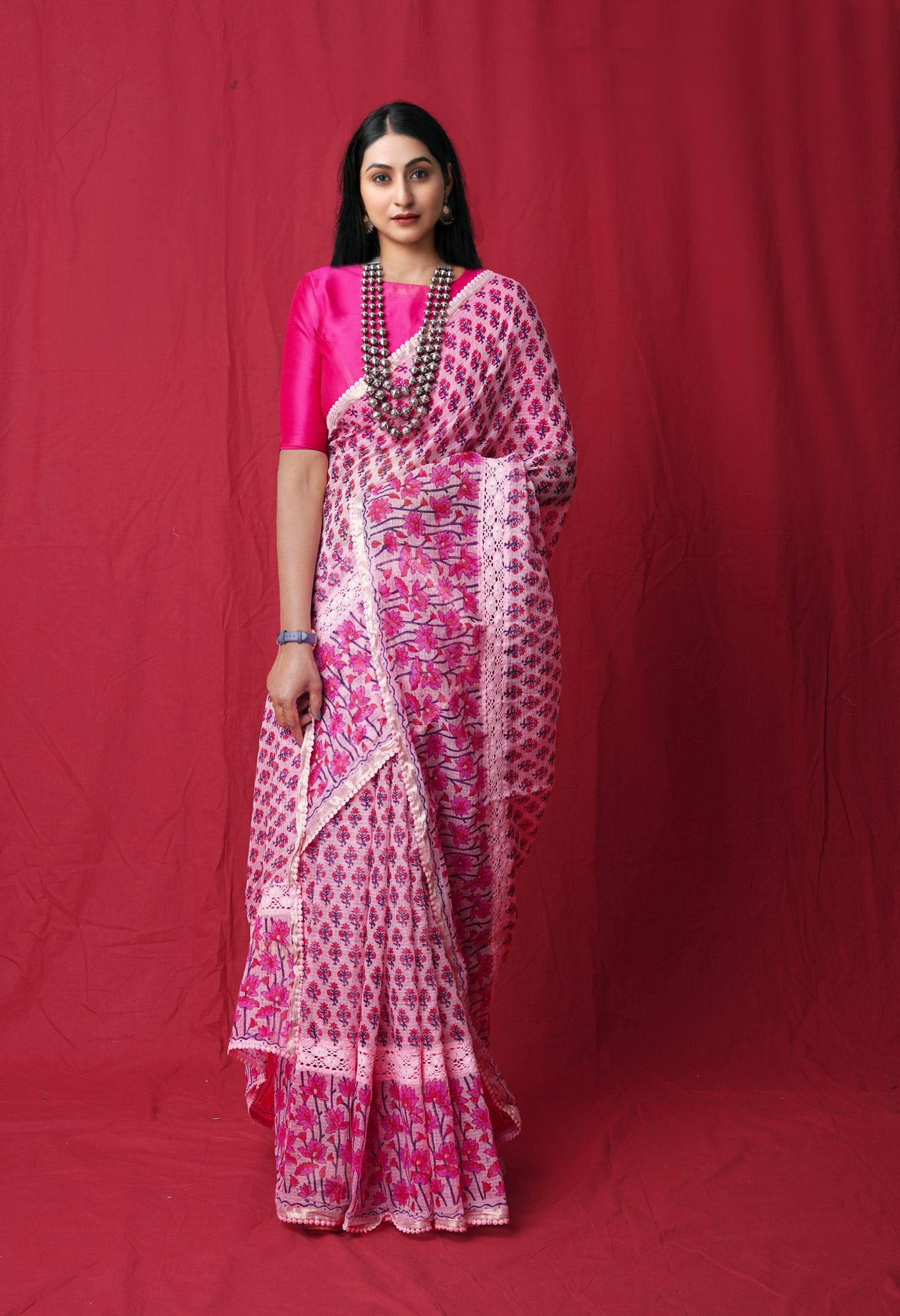 Pink Pure Block Printed With Chrochio Lace Work Embroidery Kota Saree