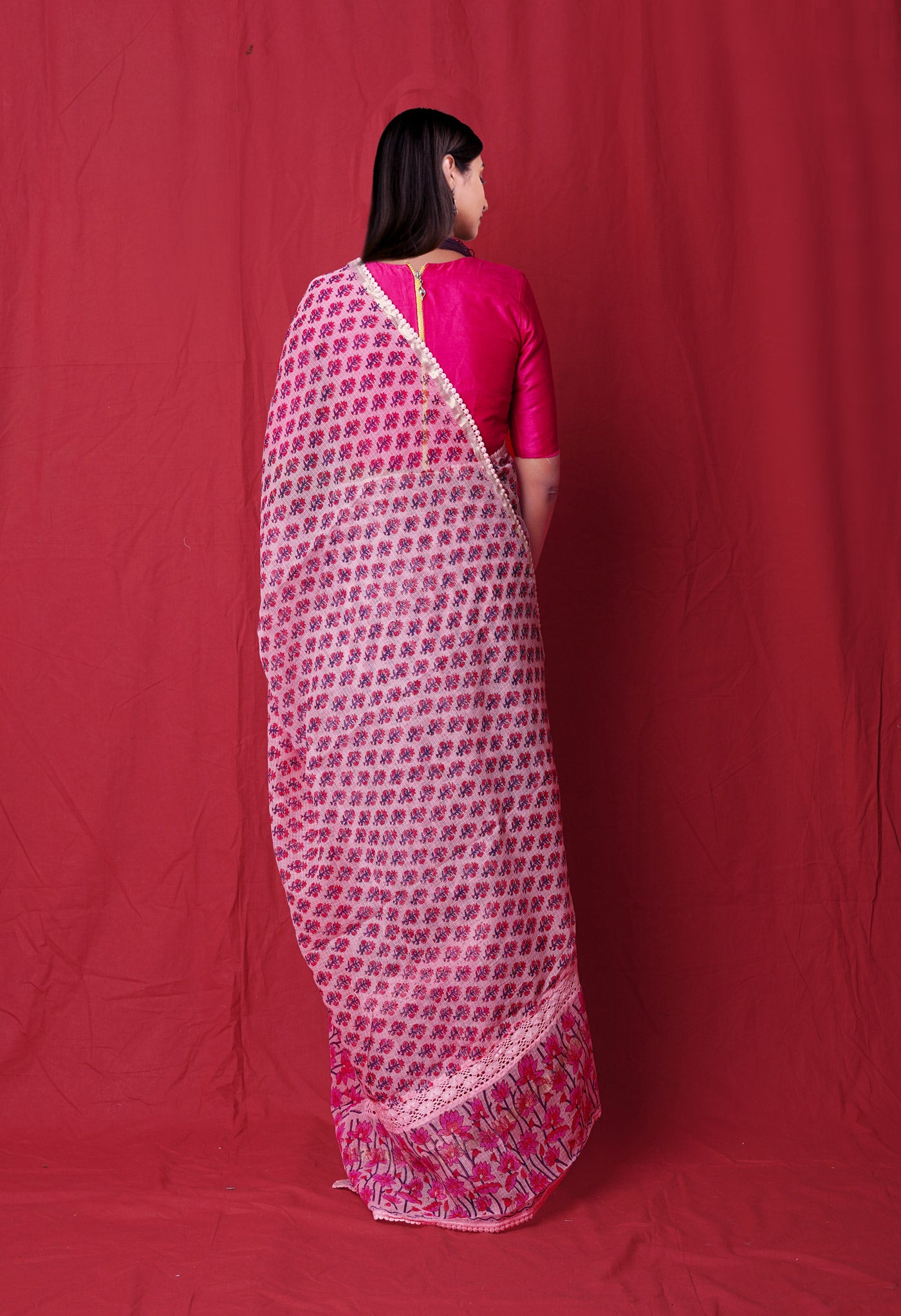 Pink Pure Block Printed With Chrochio Lace Work Embroidery Kota Saree