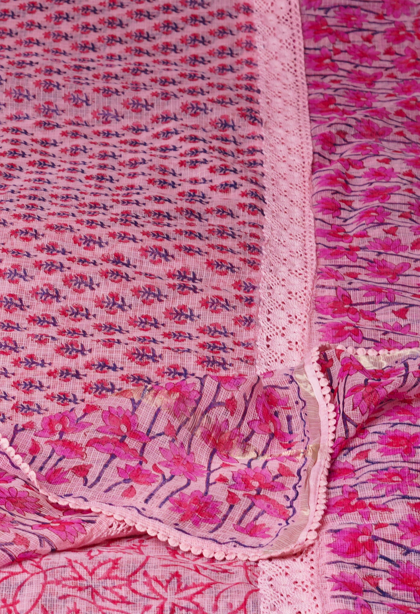 Pink Pure Block Printed With Chrochio Lace Work Embroidery Kota Saree