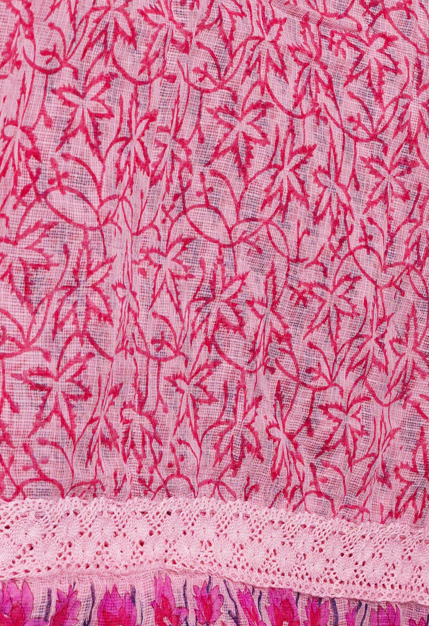 Pink Pure Block Printed With Chrochio Lace Work Embroidery Kota Saree