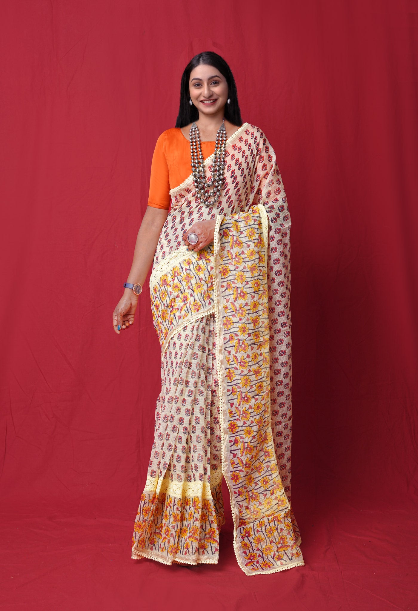 Yellow Pure Block Printed With Chrochio Lace Work Embroidery Kota Saree