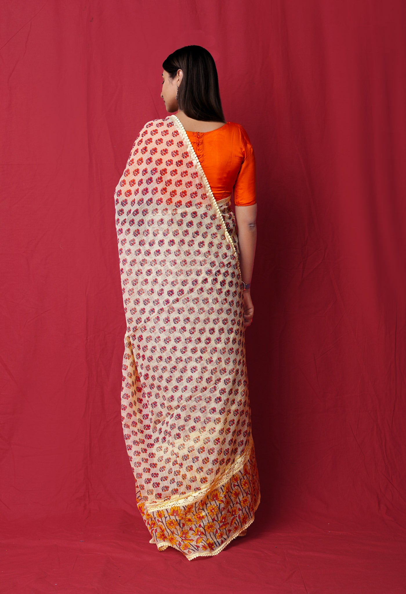 Yellow Pure Block Printed With Chrochio Lace Work Embroidery Kota Saree