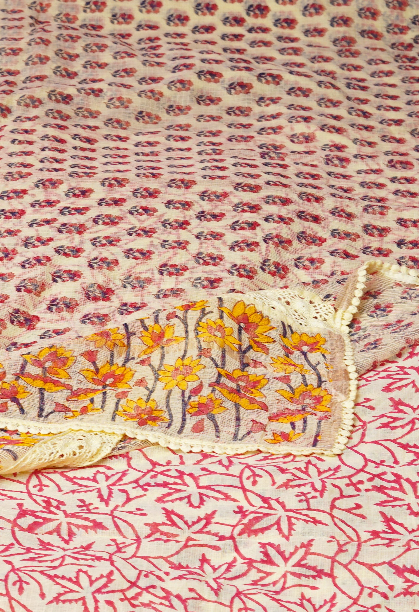Yellow Pure Block Printed With Chrochio Lace Work Embroidery Kota Saree
