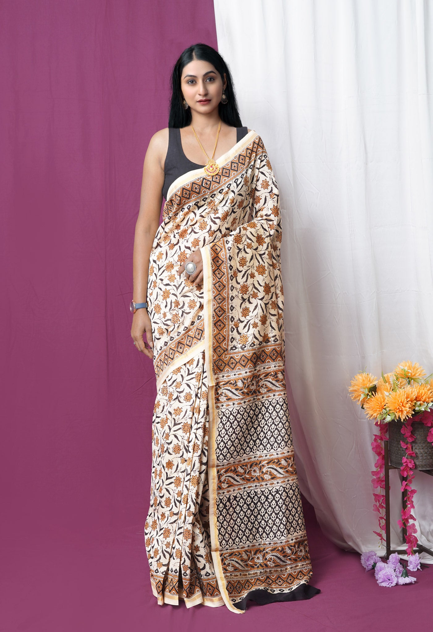 Cream Pure Bagru Kalamkari Printed Chanderi Sico Saree