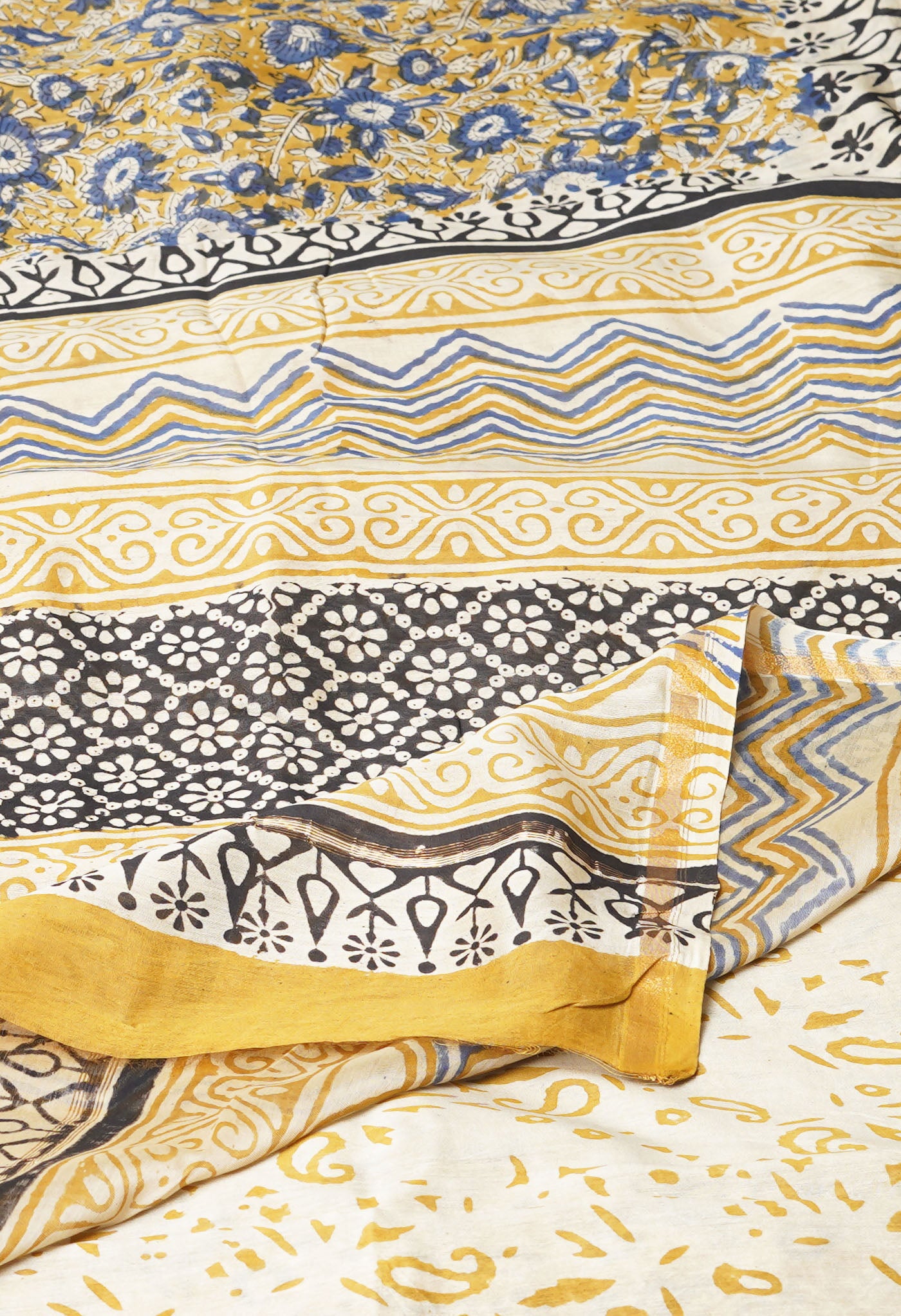 Yellow Pure Bagru Kalamkari Printed Chanderi Sico Saree-UNM77476