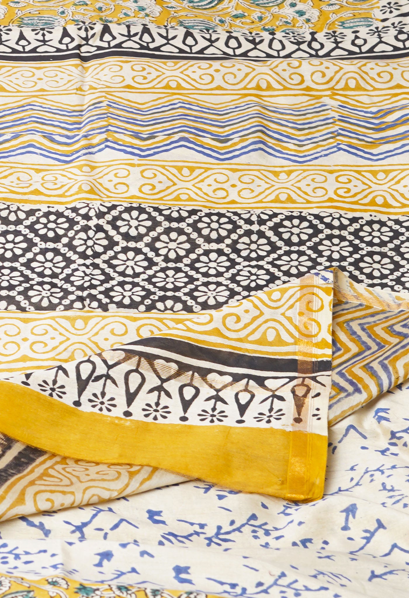 Yellow Pure Bagru Kalamkari Printed Chanderi Sico Saree-UNM77480