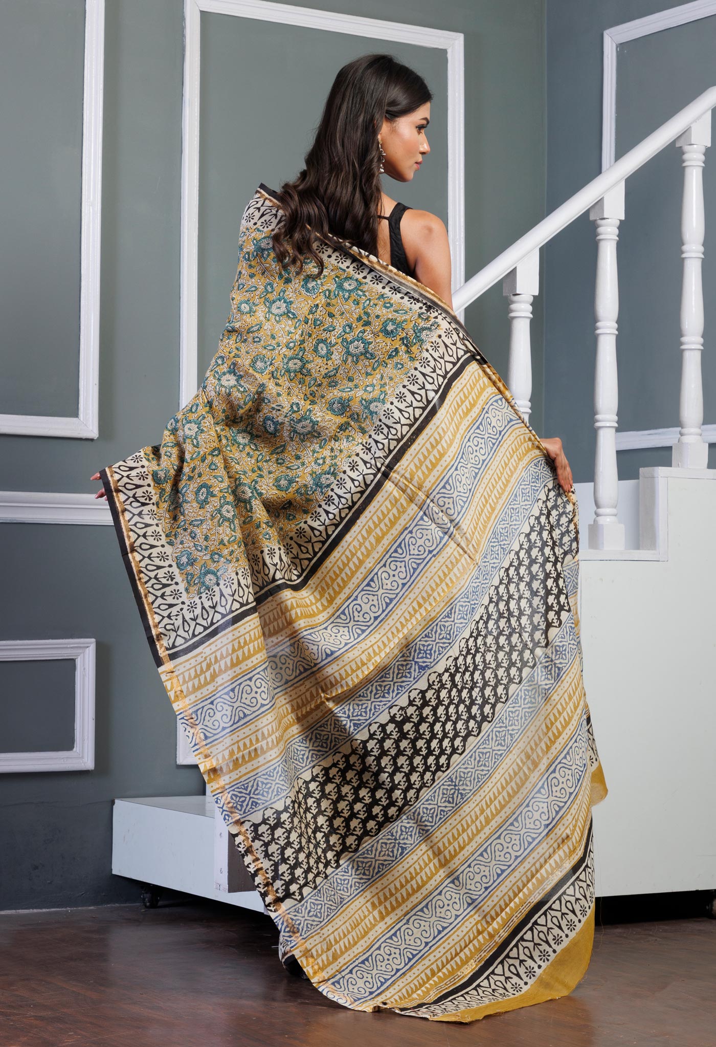 Yellow Pure Bagru Kalamkari Printed Chanderi Sico Saree-UNM77486