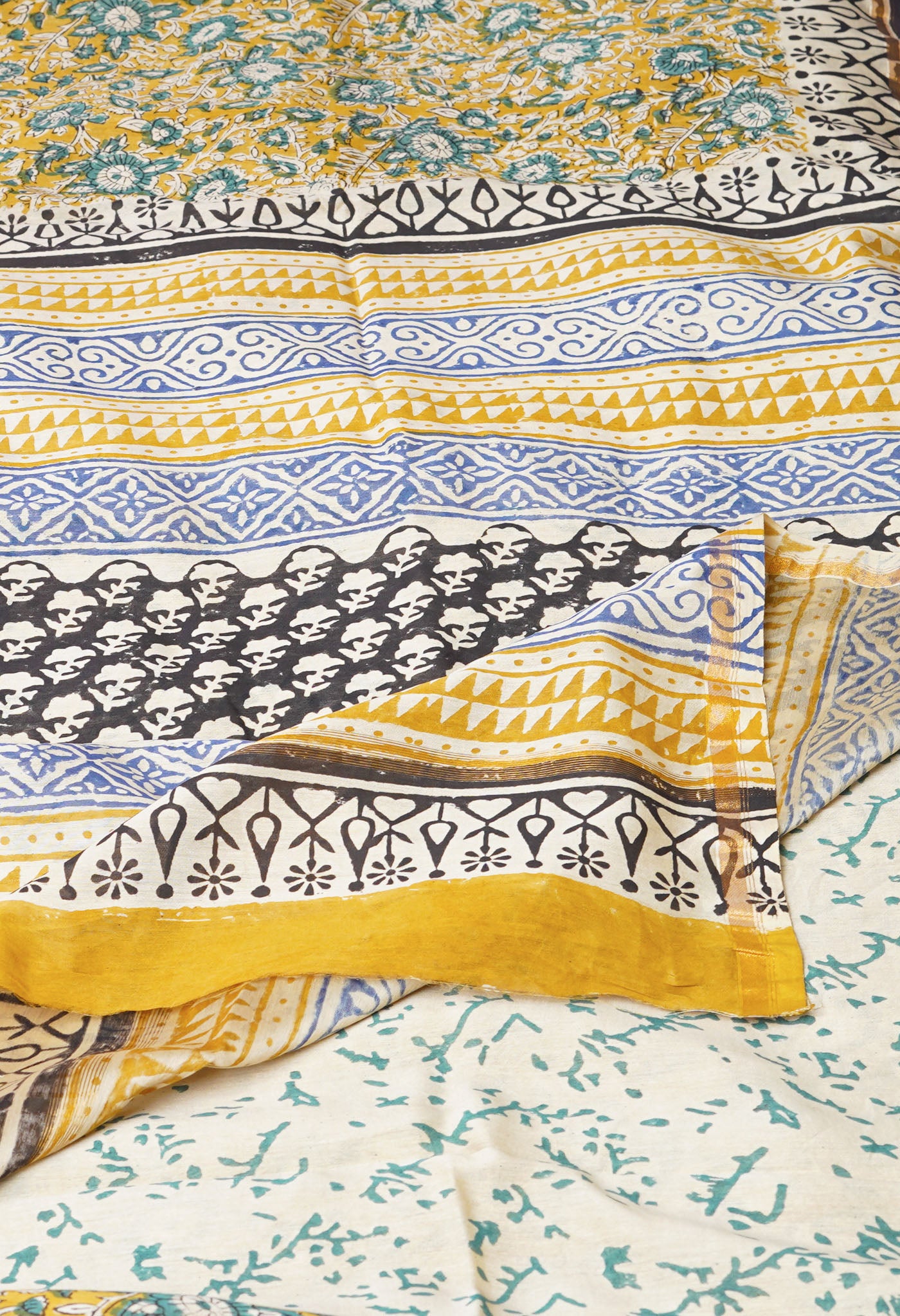 Yellow Pure Bagru Kalamkari Printed Chanderi Sico Saree-UNM77486