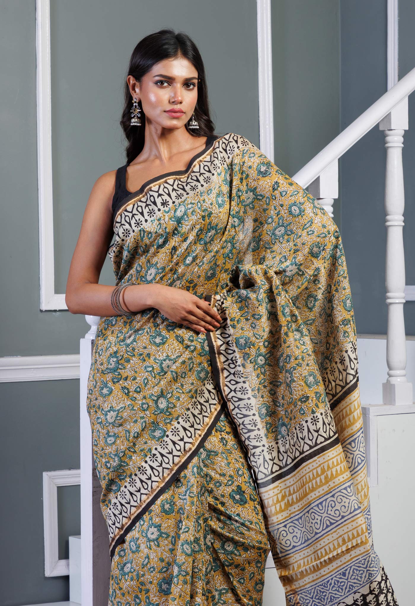 Yellow Pure Bagru Kalamkari Printed Chanderi Sico Saree-UNM77486
