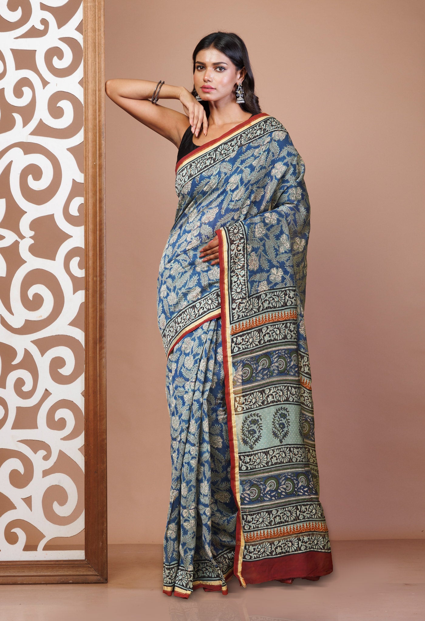 Blue-Grey Pure Bagru Kalamkari Printed Chanderi Sico Saree