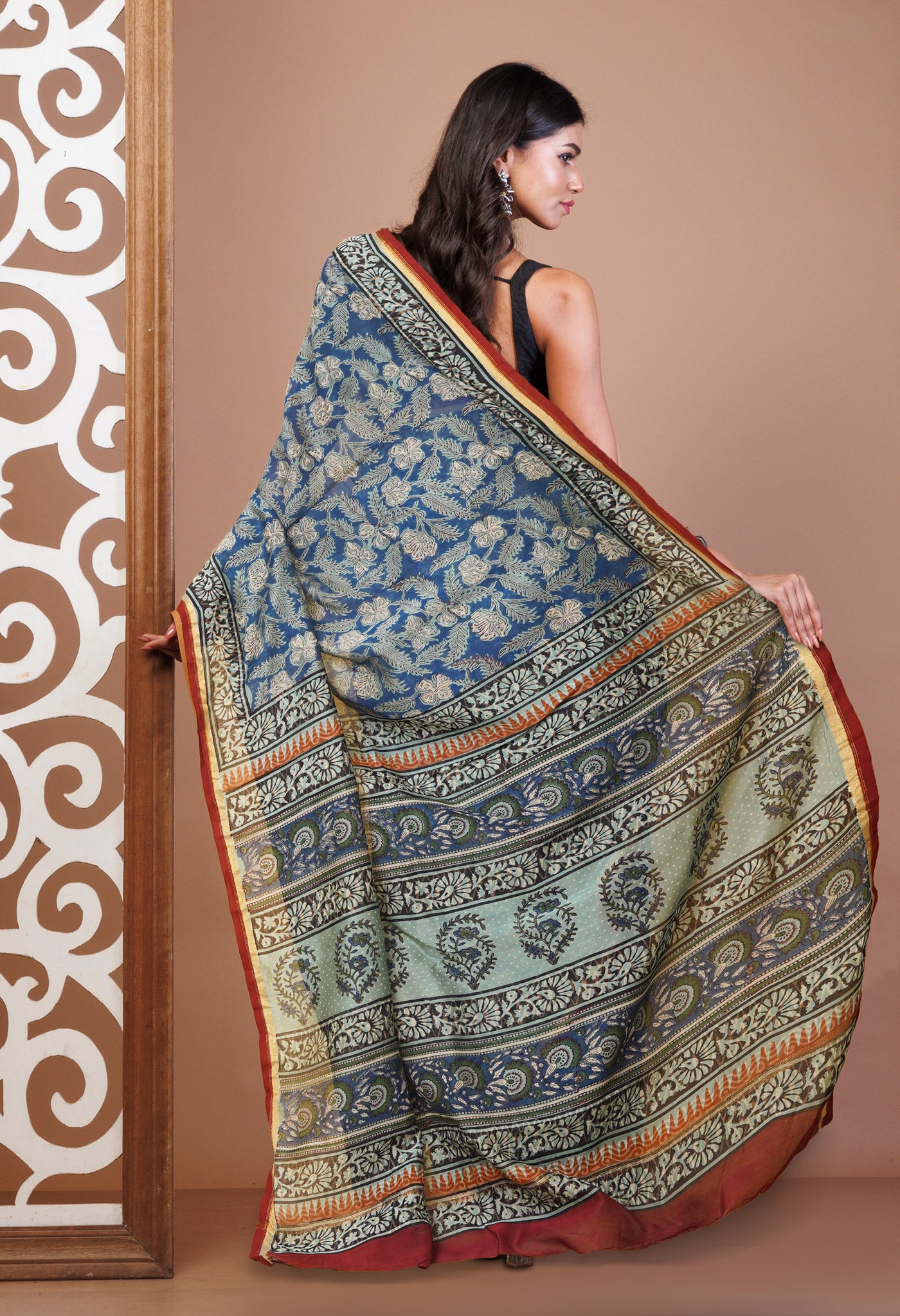 Blue-Grey Pure Bagru Kalamkari Printed Chanderi Sico Saree