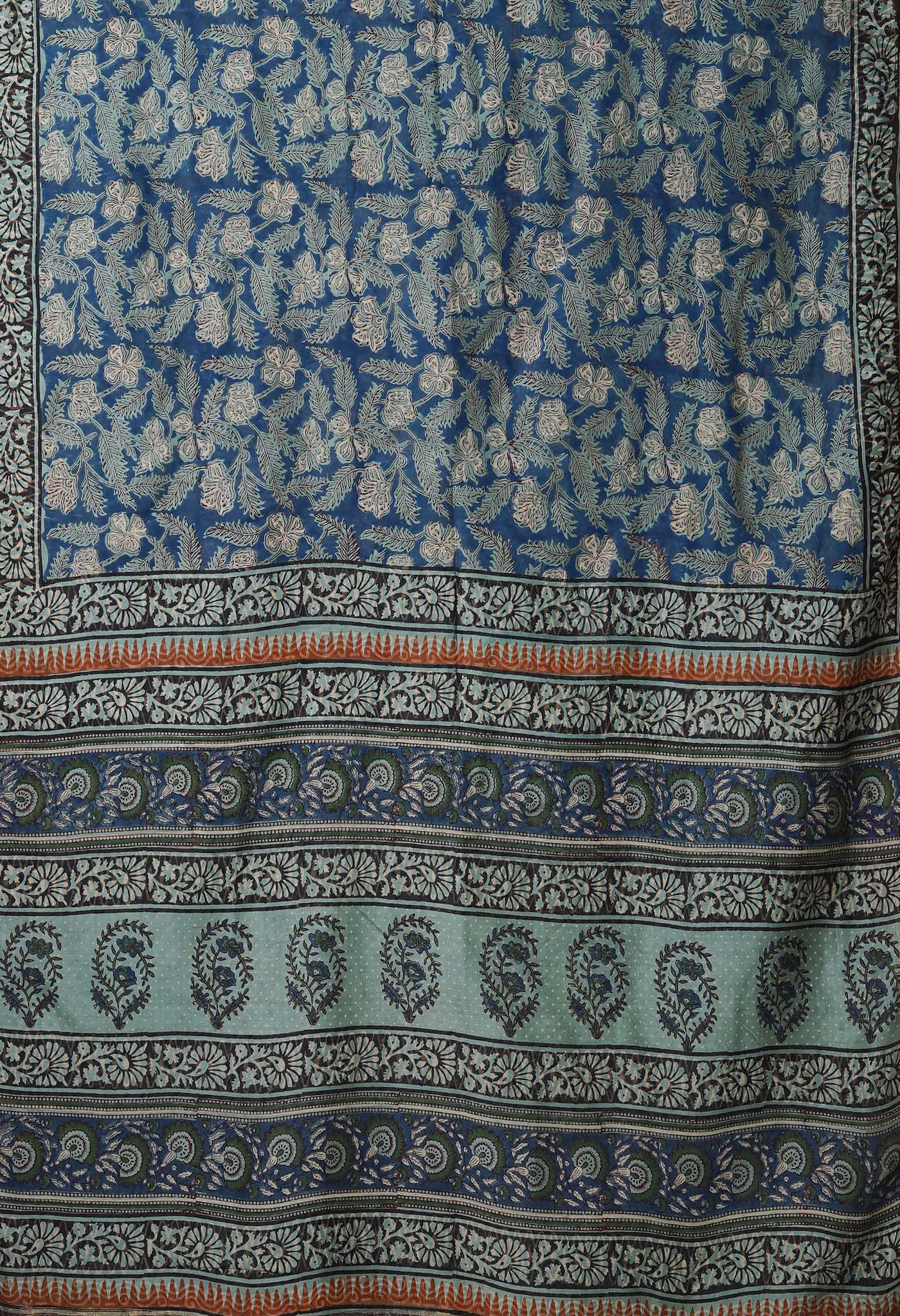 Blue-Grey Pure Bagru Kalamkari Printed Chanderi Sico Saree