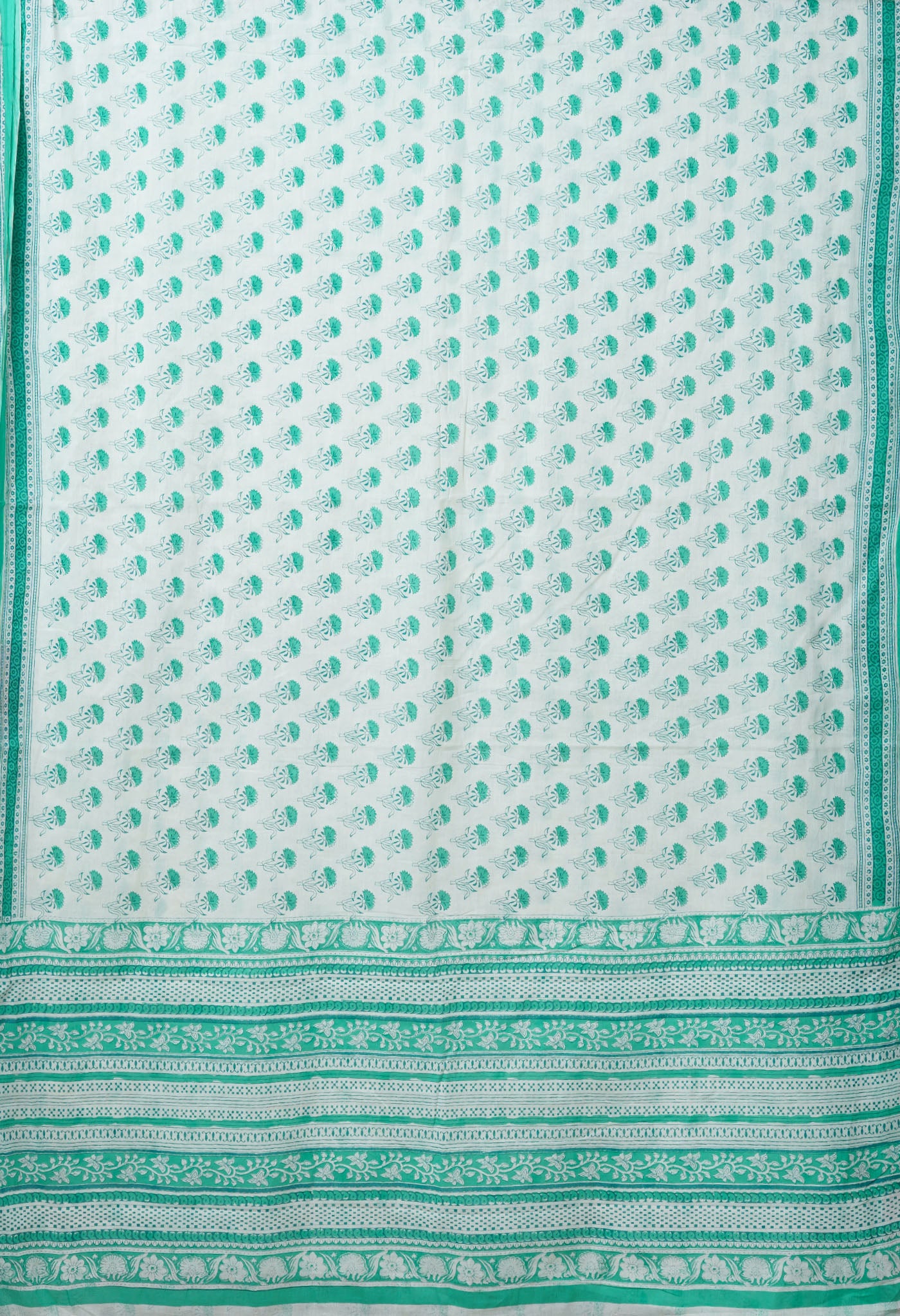 White-Green Pure Block Printed Soft Cotton Saree