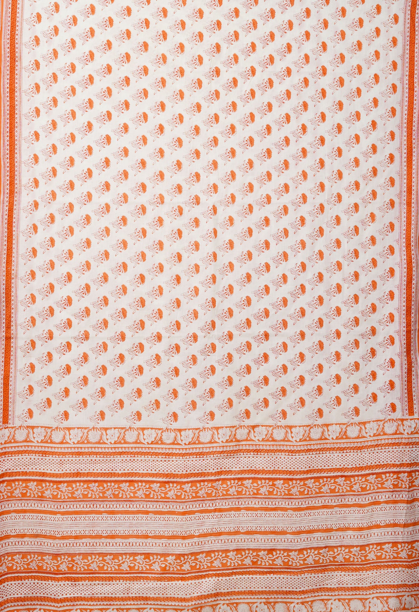 White-Orange Pure Block Printed Soft Cotton Saree