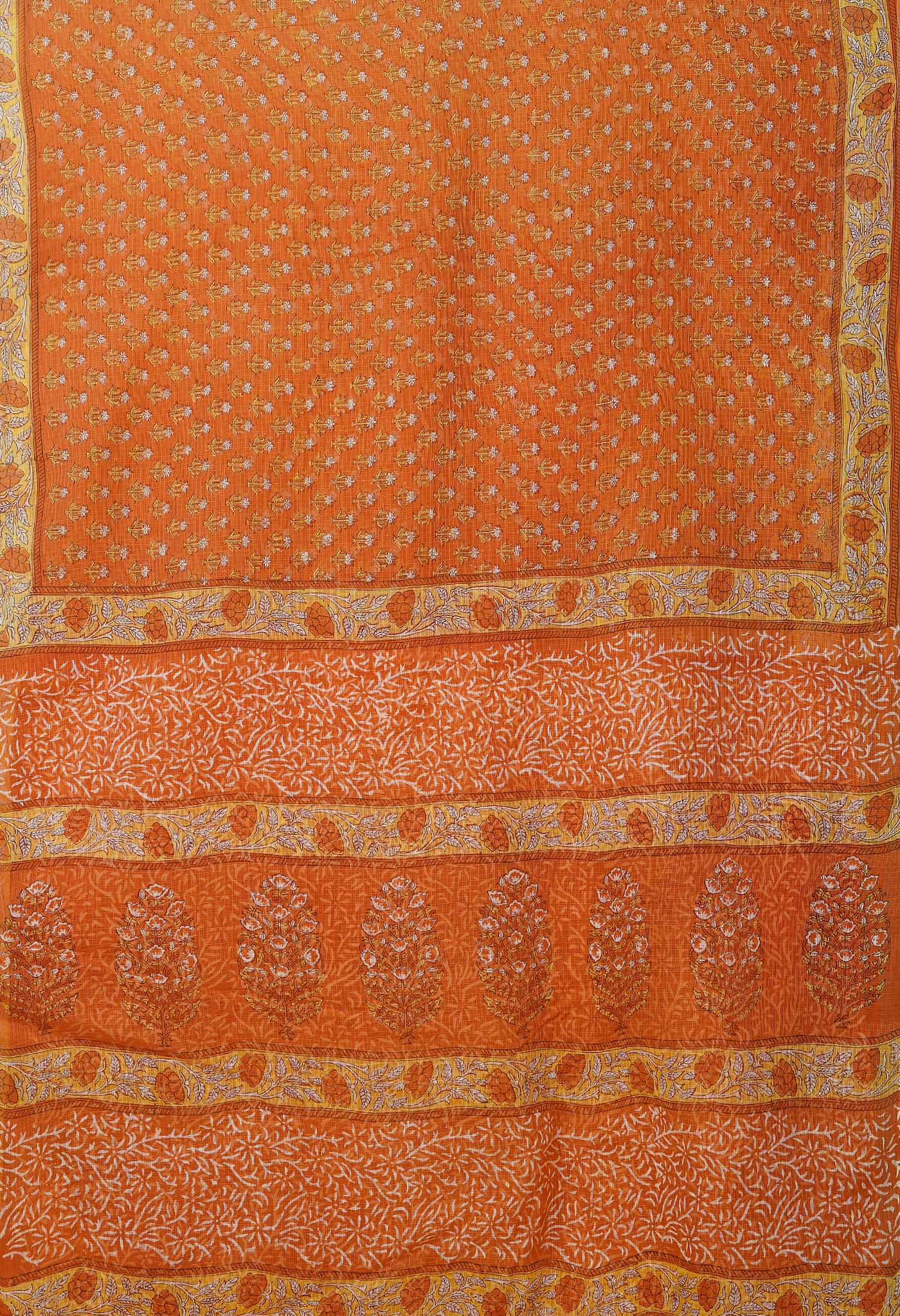 Orange Pure Hand Block Printed Kota Saree