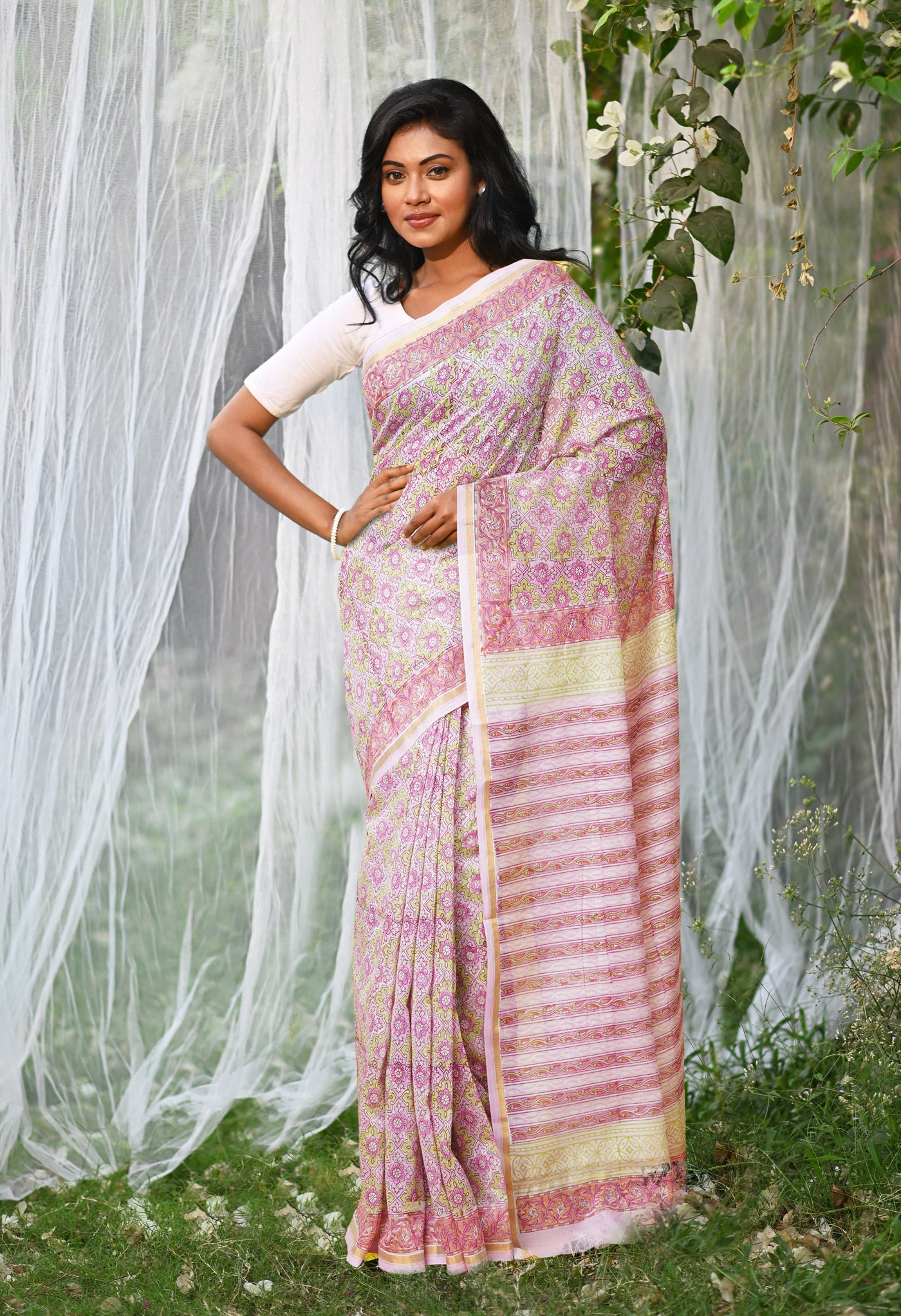 Pastel Pink Pure Hand Block Printed Chanderi Sico Saree-UNM77951