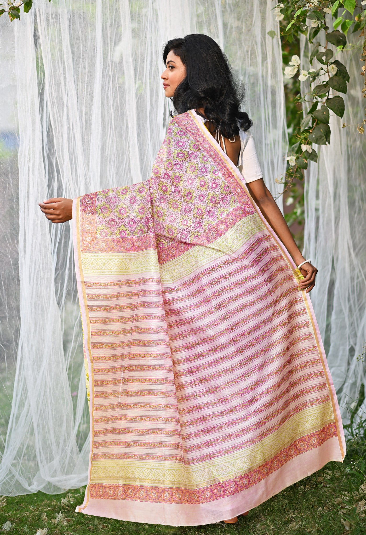 Pastel Pink Pure Hand Block Printed Chanderi Sico Saree-UNM77951