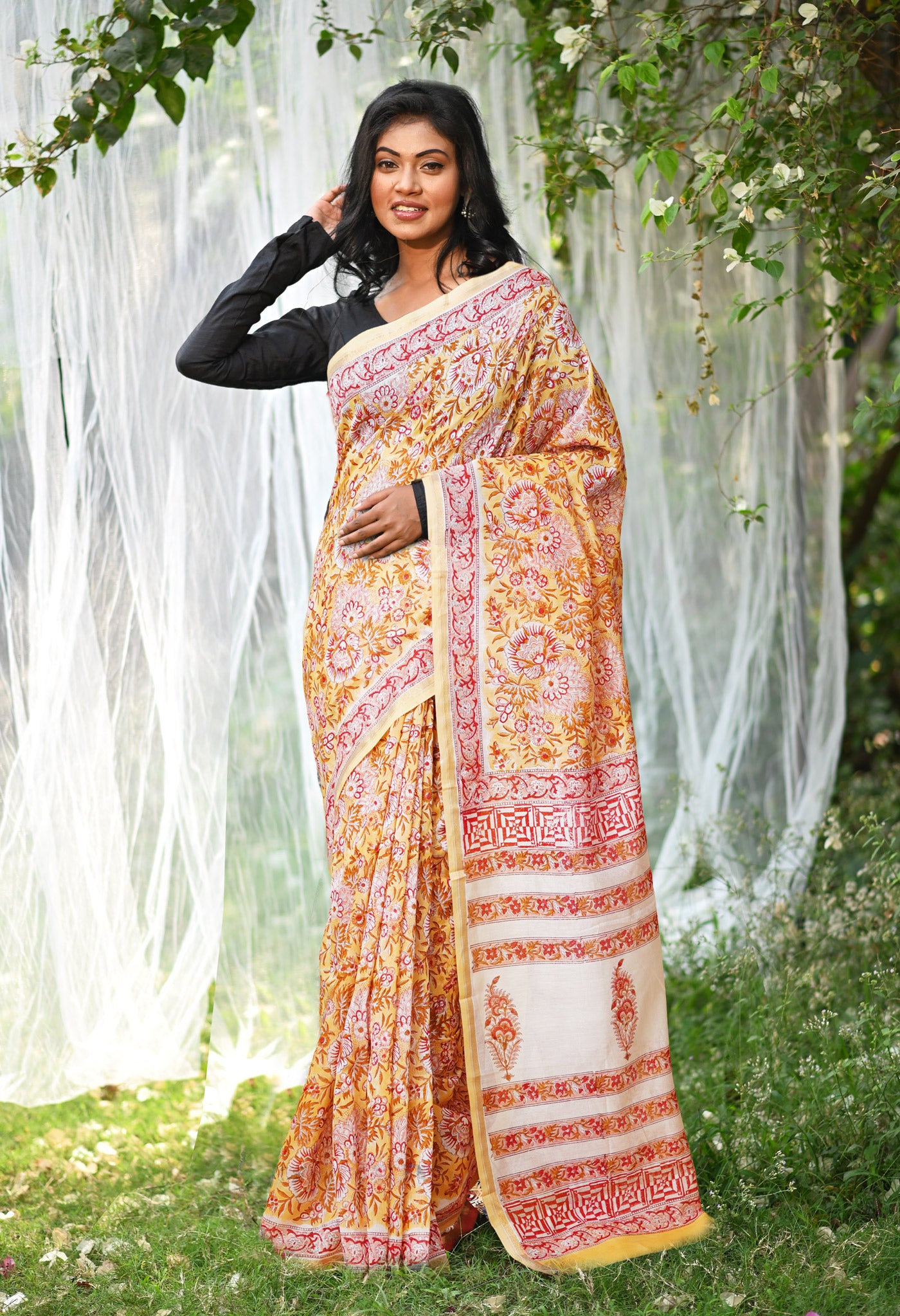 Pastel Orange Pure Hand Block Printed Chanderi Sico Saree-UNM77953