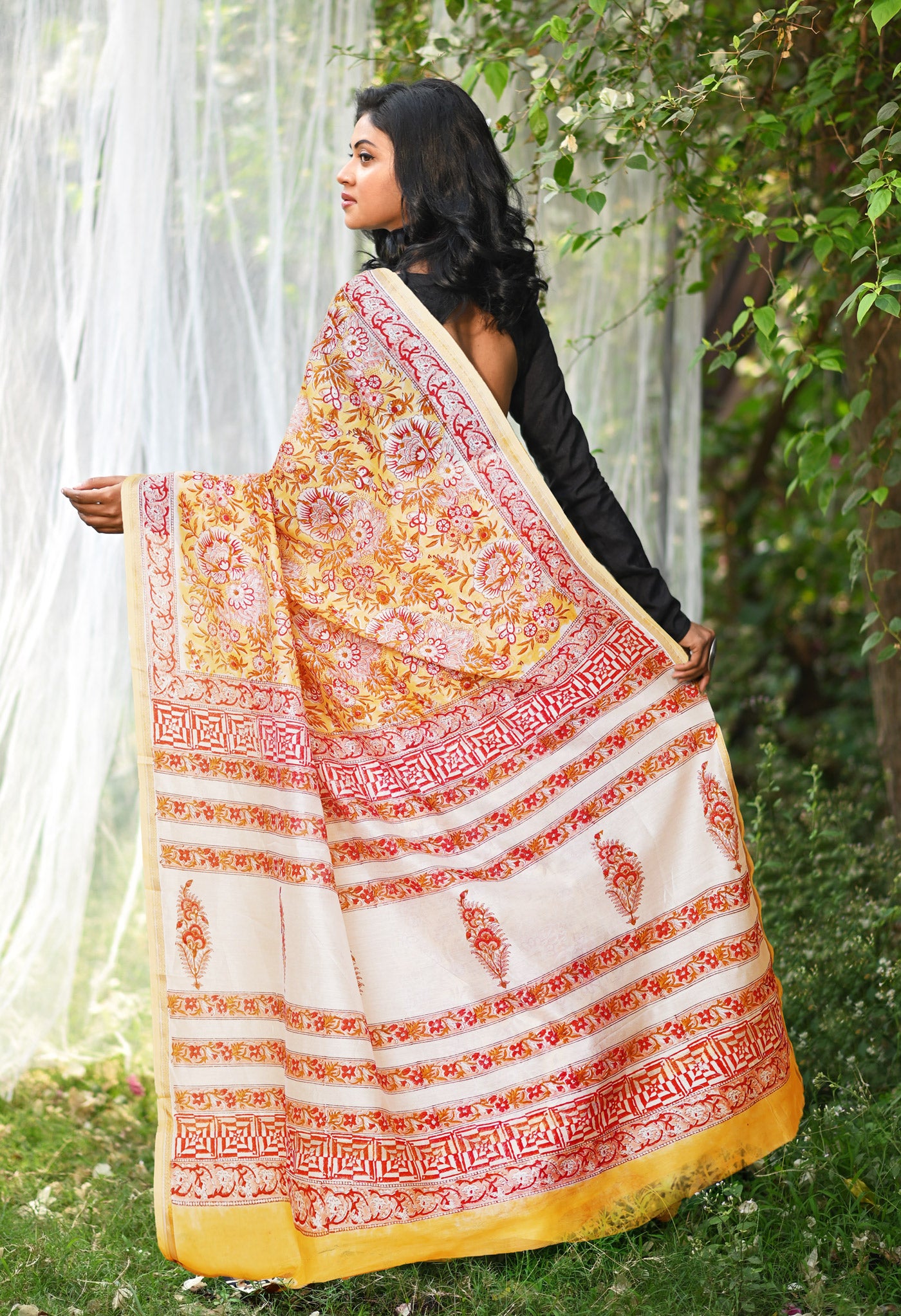 Pastel Orange Pure Hand Block Printed Chanderi Sico Saree-UNM77953