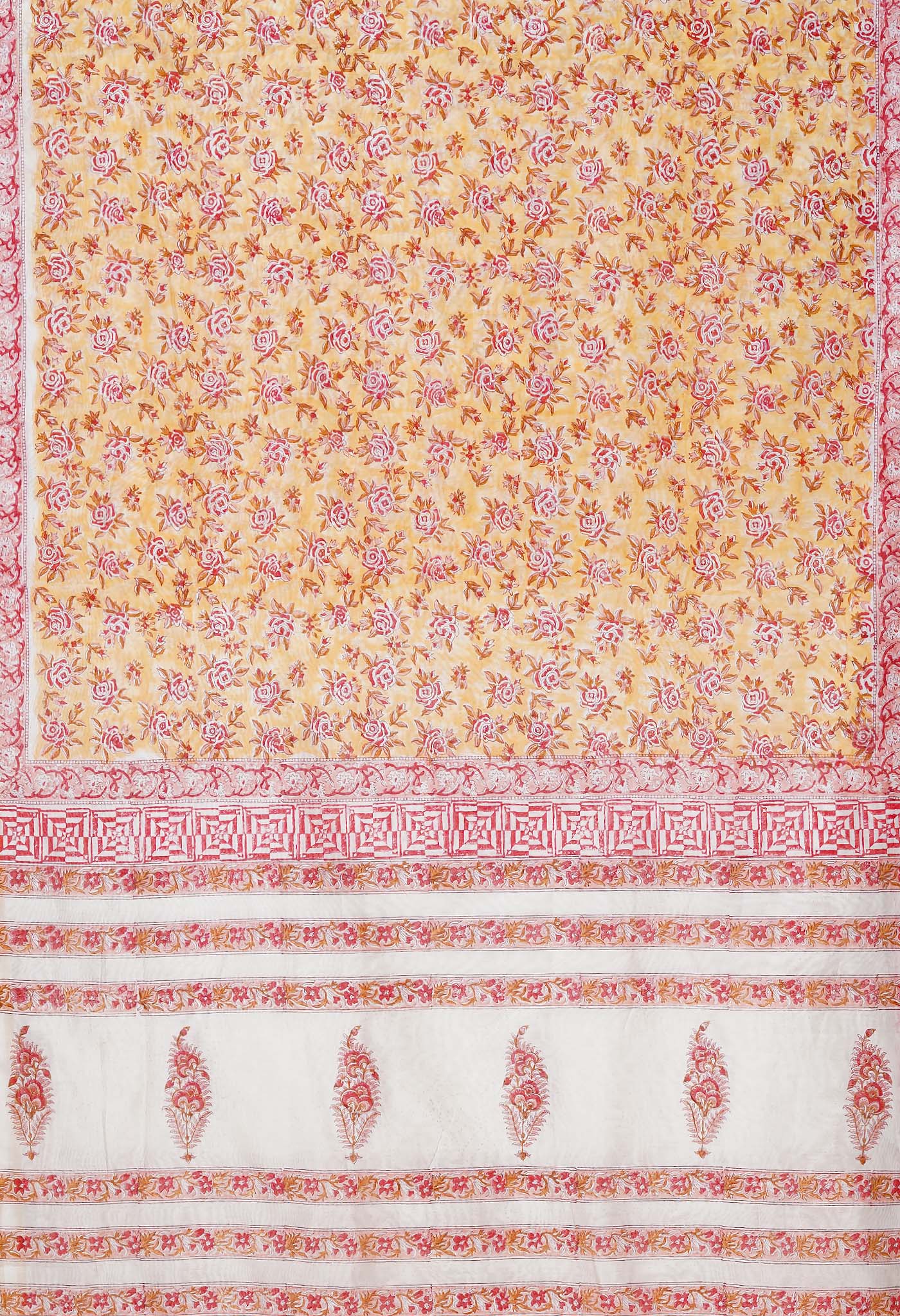 Pastel Orange Pure Hand Block Printed Chanderi Sico Saree-UNM77954