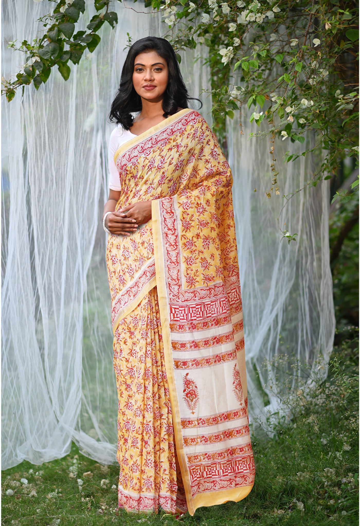 Pastel Orange Pure Hand Block Printed Chanderi Sico Saree-UNM77954