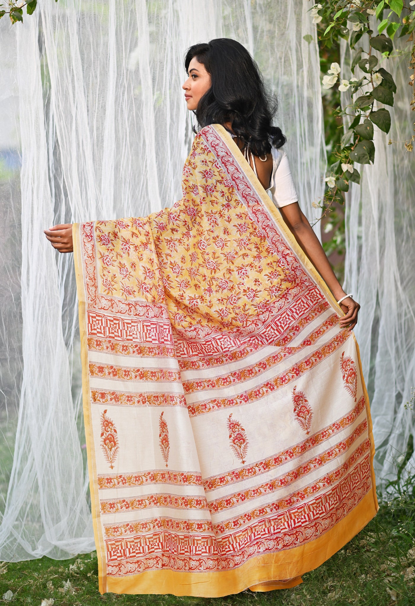 Pastel Orange Pure Hand Block Printed Chanderi Sico Saree-UNM77954