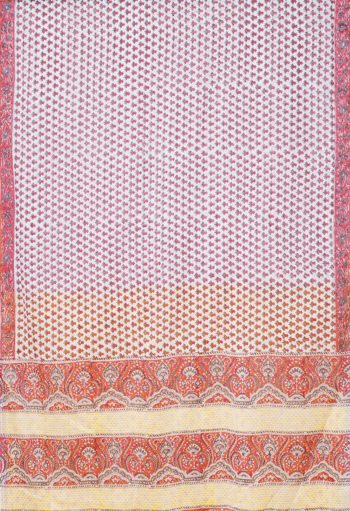 White-Yellow Pure Block Printed Mulmul Cotton Saree